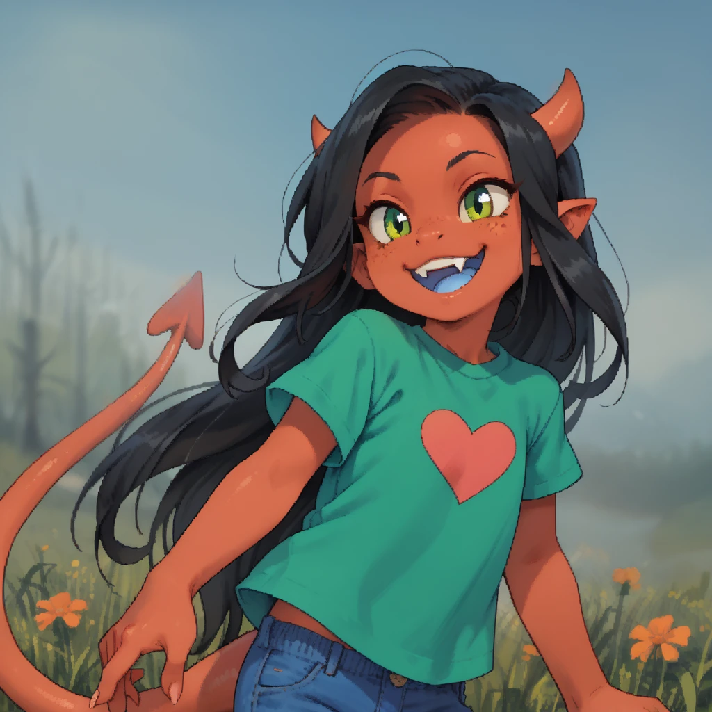 score_9, score_8_up, score_7_up, score_6_up,  <lora:Zazie_Pony:0.8>  zazie, long hair, black hair, horns, demon tail, snout, red skin, snout, blue mouth, fang, green shirt, blue pants,   smile, upper body,