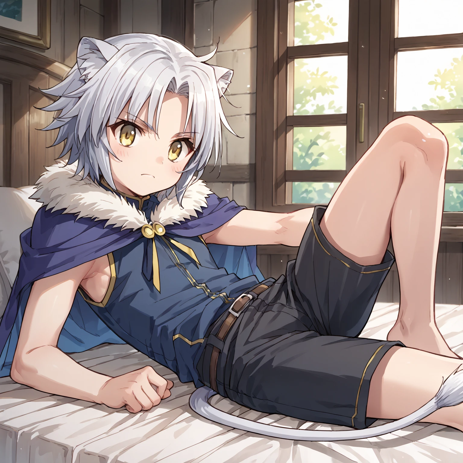 score_9, score_8_up, score_7_up, source_anime BREAK
1boy, solo, gaul, grey hair, yellow eyes, lion ears, lion tail, sleeveless shirt, cape, bed, leg up, 
zPDXL3, <lora:gaulPony:0.8>