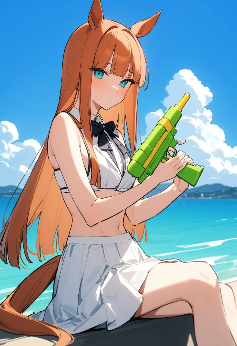 masterpiece, best quality, 32k, high resolution, absurdres, silence suzuka (umamusume), bikini, white skirt, bowtie, day, cloud, sitting, white jacket, blue sky, water, holding water gun