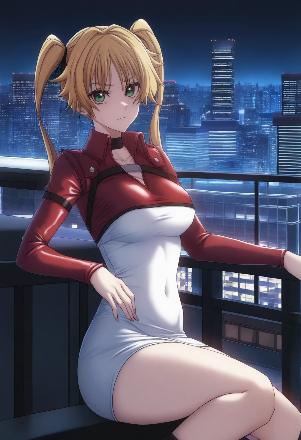 <lora:Angelica Diarmuit - [Shinmai Ossan Boukensha] - illustriousXL v1:1>, sysdeep_angelica, solo, twintails, City rooftop, bodycon dress, leaning against railing, night skyline