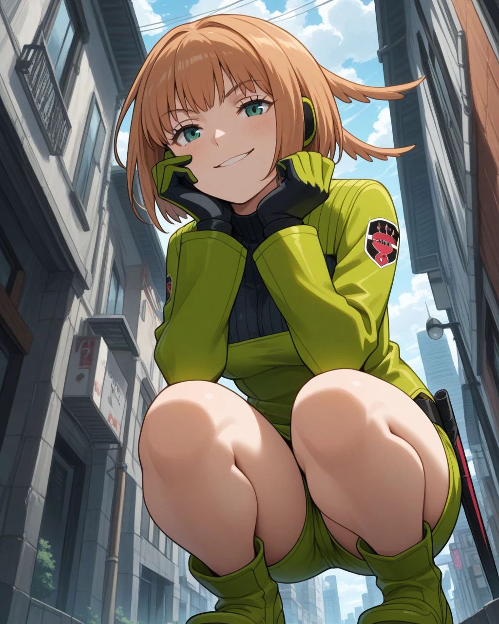 masterpiece, 1girl, solo, konami,green jacket, gloves, green shorts, green footwear,<lora:konami_trion_illustrious_v2-000006:1>
squatting, city, hand on own face, smirk, from below,