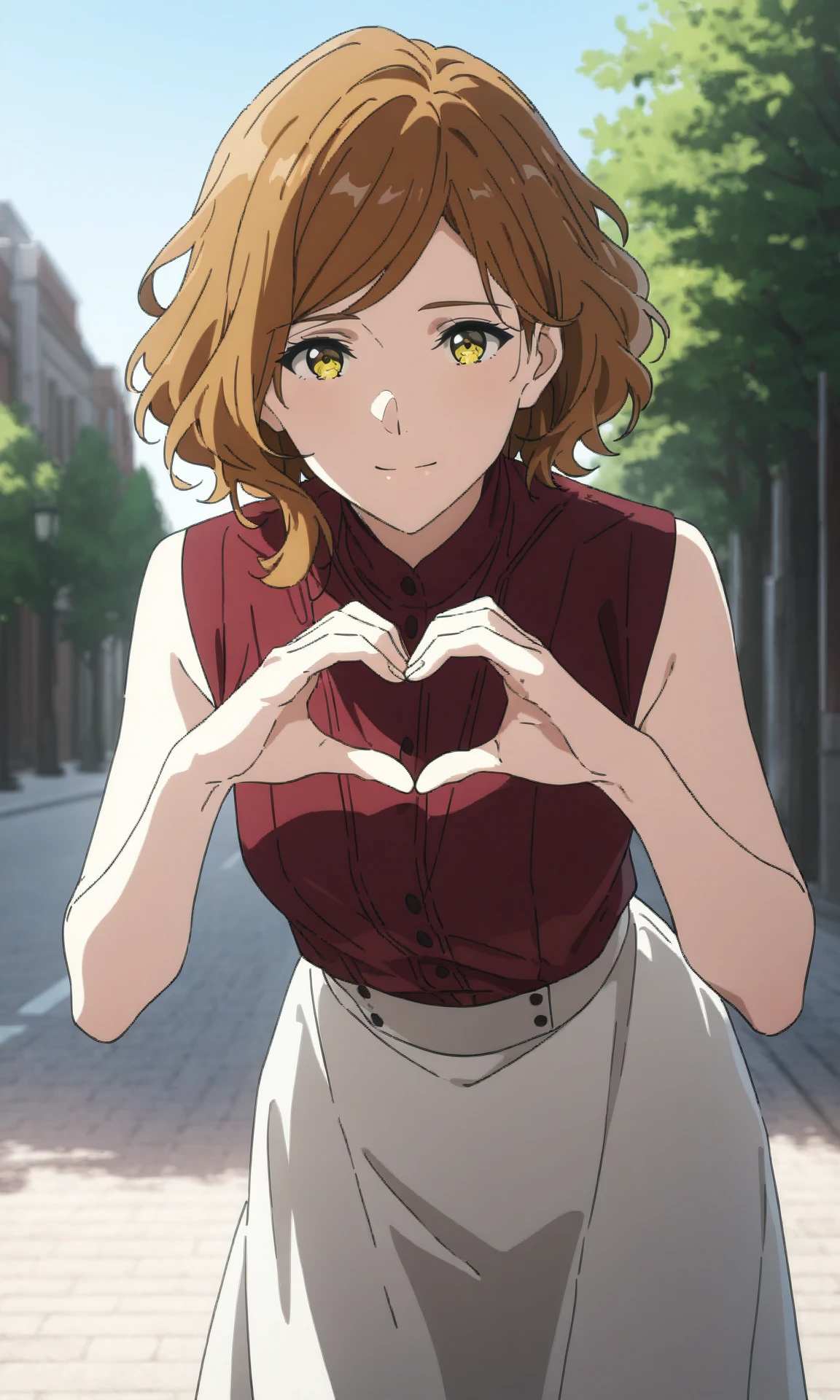 mvirma, 1girl, solo, yellow eyes, brown hair, wavy hair, swept bangs, sleeveless shirt, turtleneck shirt, tucked in shirt, red shirt, long skirt, white skirt, street, trees, sky, cowboy shot, leaning forward, heart hands, light smile, looking at viewer, (masterpiece, best quality:1.0), newest, recent, (very awa:1.0), year 2023, year 2024, highres,absurdres