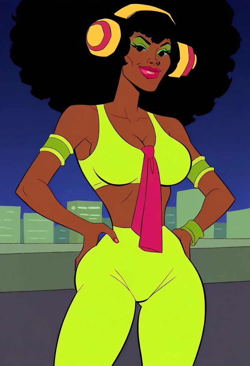 city, city background, night, night time, 2d, 1girl, masterpiece, best quality, extreme detail, hourglass figure, wide hips, round boobs, medium breasts, mature female, 1girl, aiebonyskin, solo, Angel_Dynamite, dark skin, ebony, ebony female, dark-skinned female, big hair, black hair, afro, yellow headphones, wearing headphones, hot pink lips, green eyeshadow, hot pink tie, green tank top, green tights, midriff, bell bottoms pants, armlet, wristband, sleeveless, bare shoulders, black eyes, yellow headphones, wearing headphones, bimbo lips, midriff,
hands on hips, upper body, cleavage, close up, smirk,
