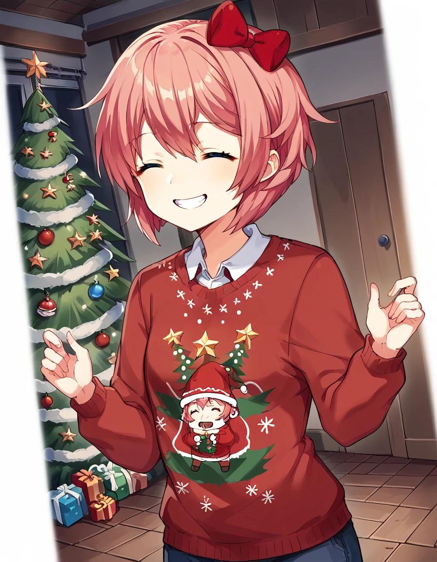 score_9, score_8_up, score_7_up, source_anime, <lora:ddlc-sayori-ingame-ponyxl-lora-nochekaiser:1>, sayori, blue eyes, hair between eyes, hair bow, hair ornament, pink hair, red bow, short hair,, <lora:christmas-sweater-ponyxl-lora-nochekaiser:1>, christmas sweater, christmas, ugly sweater, print sweater, red sweater, christmas tree, christmas ornaments, sweater, multicolored sweater, , v, smile, hands up, teeth, closed eyes, cowboy shot,, , dutch angle, cowboy shot