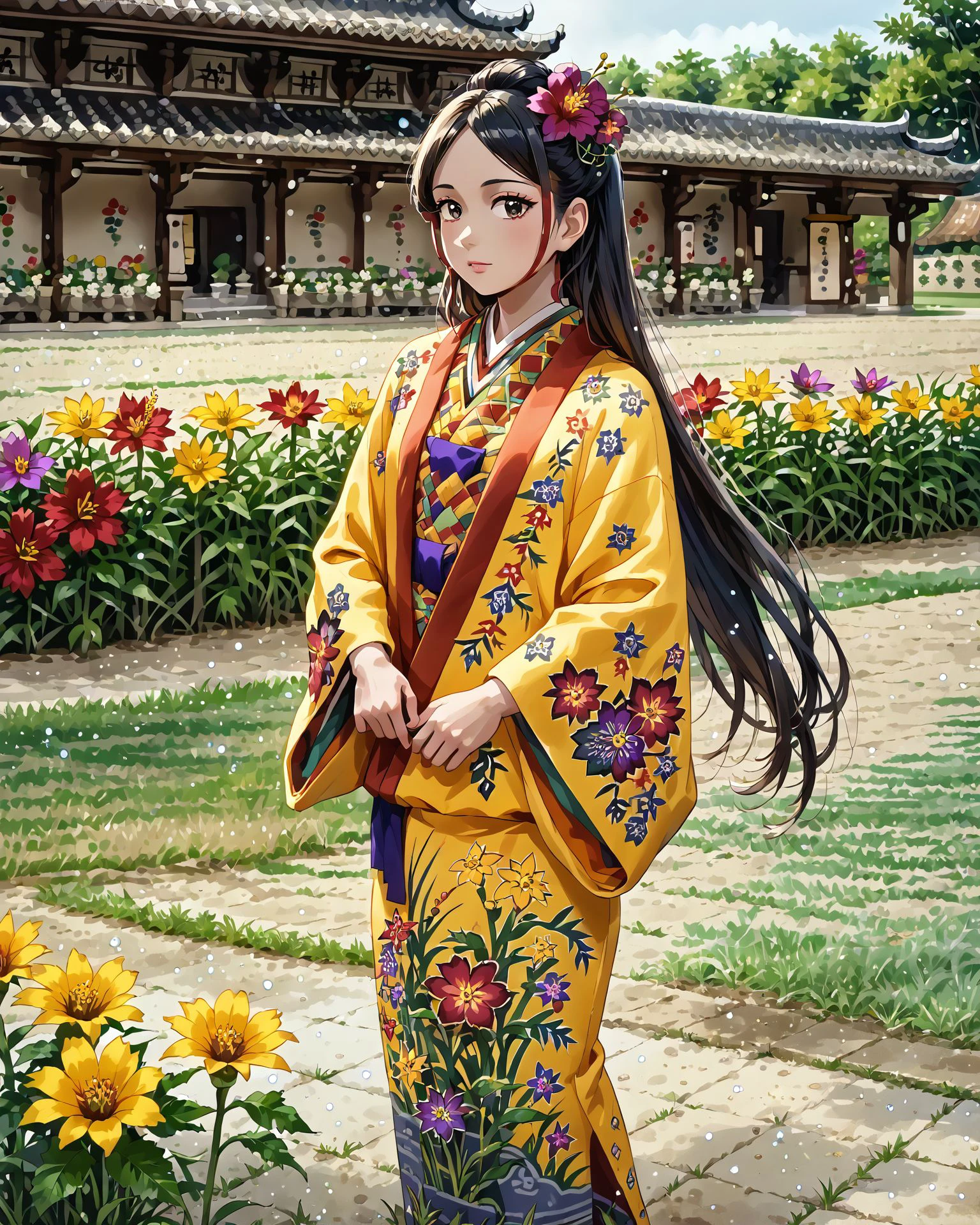 1girl, ryusou, long hair,  jacquard fabric, light particles, intricate patterns, (patterned fabric:1.2), flower garden, grass, lawn, masterpiece, very detailed, highest quality,  digital art, <lora:Ryusou_XL:1.2>,   <lora:OtherStyle_08-Merge5_06_04_02_02:1>, score_9, score_8_up, score_7_up