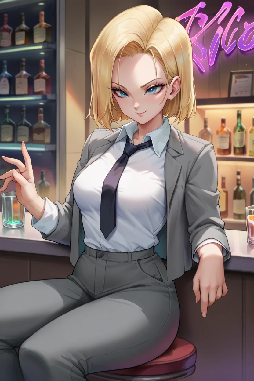 score_9,score_8_up, score_7_up, BREAK ict style, a18, 1girl, blonde hair,light blue eyes, grey suit,formal,grey jacket, white collared shirt,grey pants, black necktie, medium breasts, indoors,bar,purple neon sign,shelf, smile,sitting, contrapposto, long necktie,night <lora:Android18Pony:1>