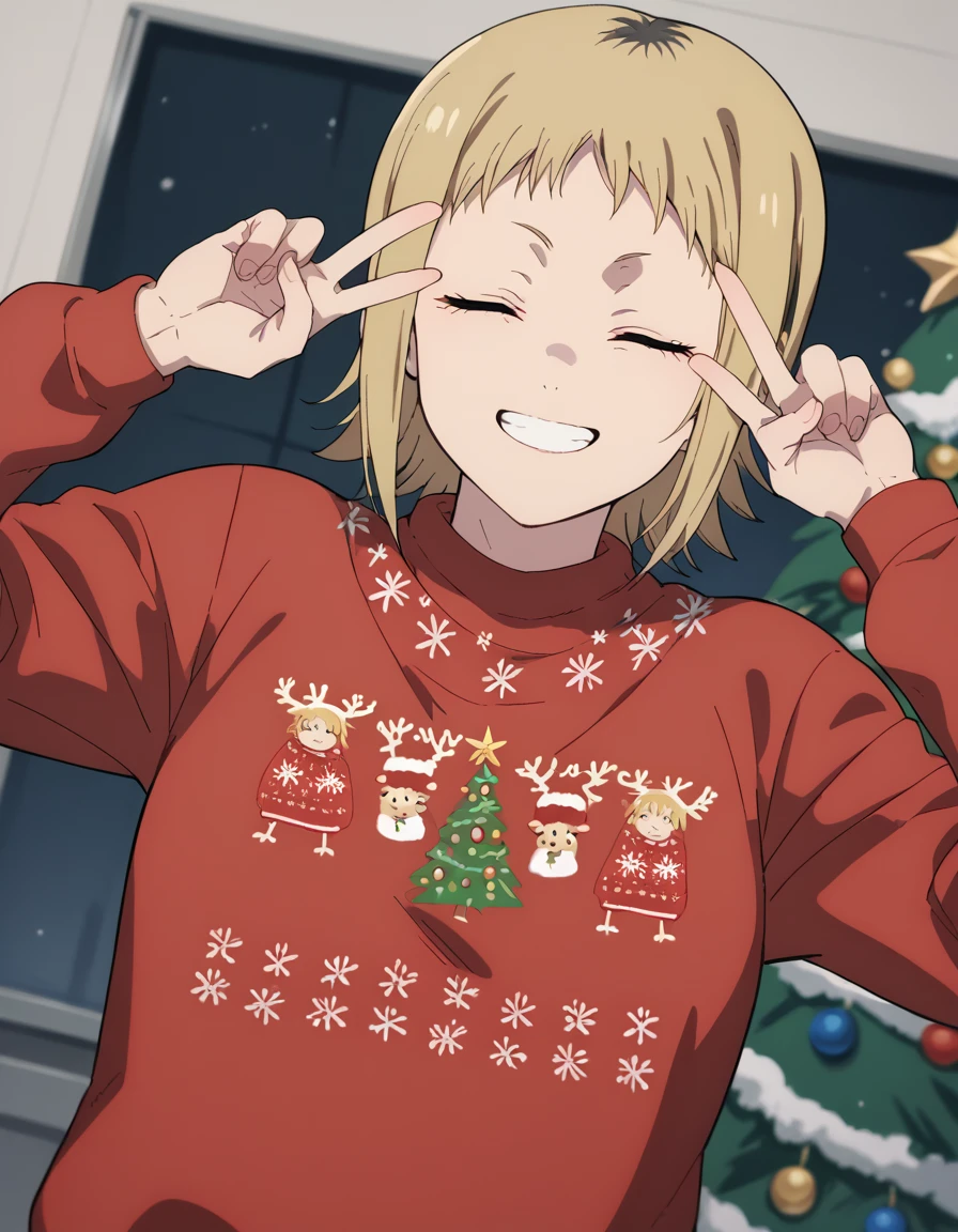 score_9, score_8_up, score_7_up, source_anime, <lora:akane-sawatari-s1-ponyxl-lora-nochekaiser:1>, akane sawatari, short hair, blonde hair, red eyes, medium breasts, <lora:christmas-sweater-ponyxl-lora-nochekaiser:1>, christmas sweater, christmas, ugly sweater, print sweater, red sweater, christmas tree, christmas ornaments, sweater, multicolored sweater, , v, smile, hands up, teeth, closed eyes, cowboy shot,, , dutch angle, cowboy shot