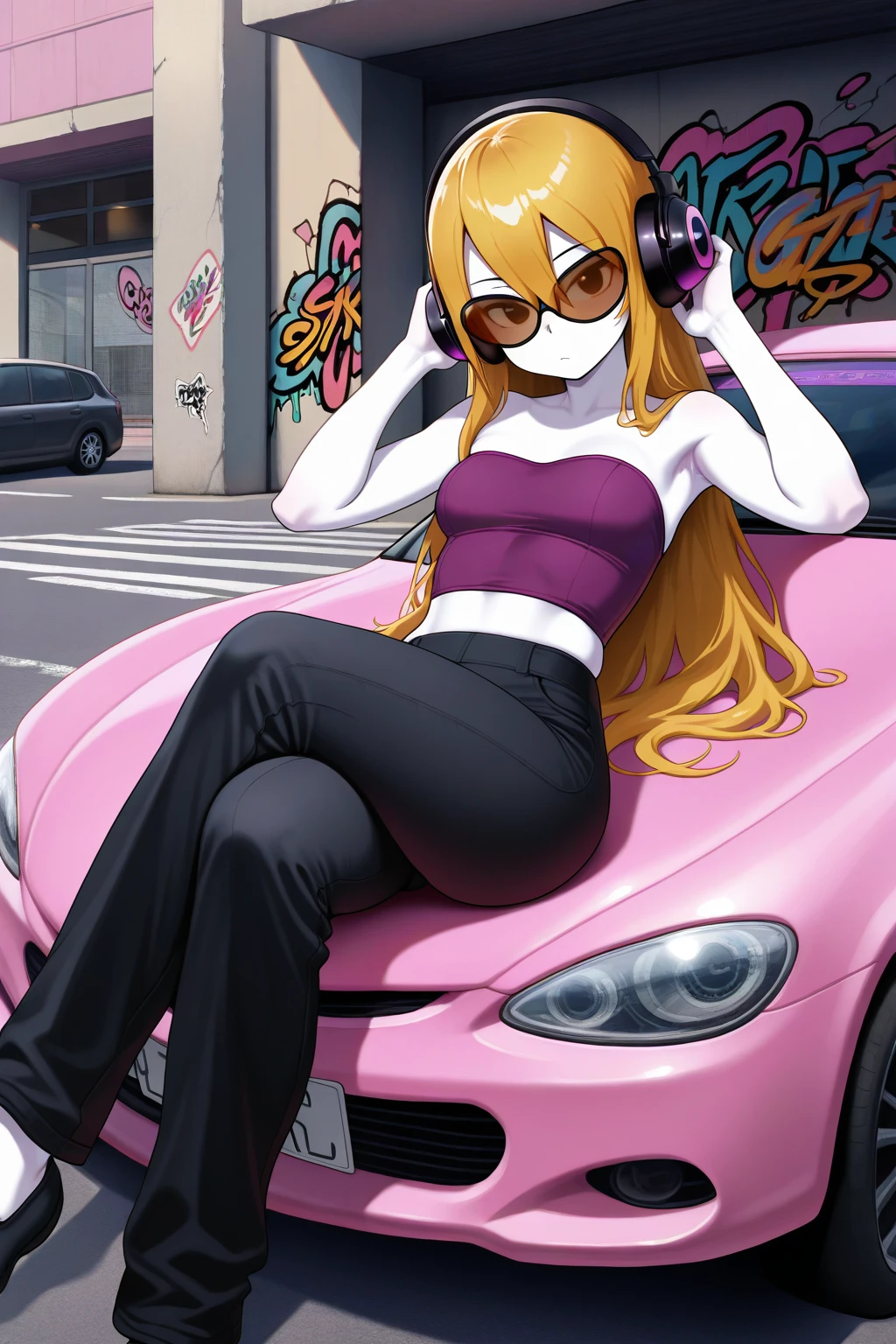 masterpiece, best quality, amazing quality, absurdres, solo, mcadore, bored, sitting, pink car, sitting on car, crossed legs, looking at viewer, long blonde hair, orange sunglasses, purple headphones, white skin, purple crop top, strapless, sleeveless, black pants, outdoors, parking lot, graffiti