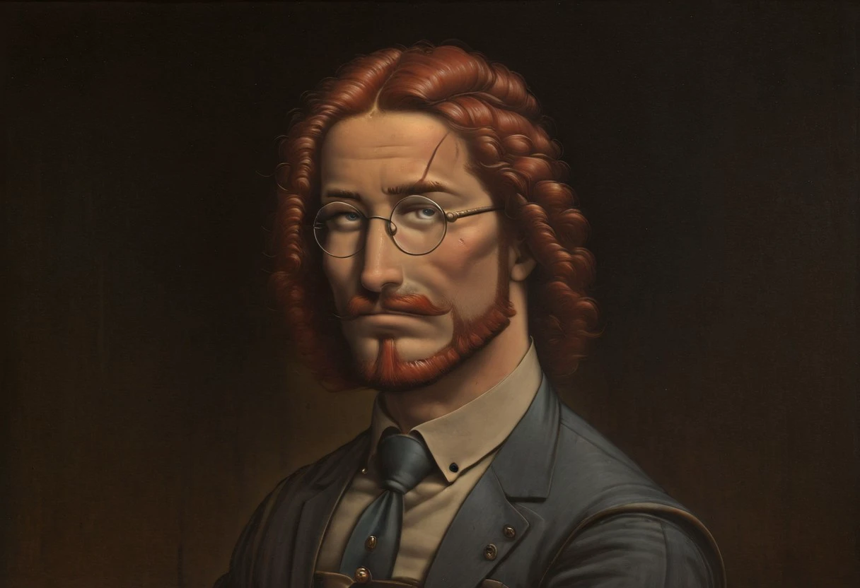 LeonardoDaVinciStyle-IL.V1.0, oil painting, fine art, classic art, masterpiece, best quality, 1boy, glasses, red hair, suit, round glasses, beard, facial hair, mustache, scar, scars on face