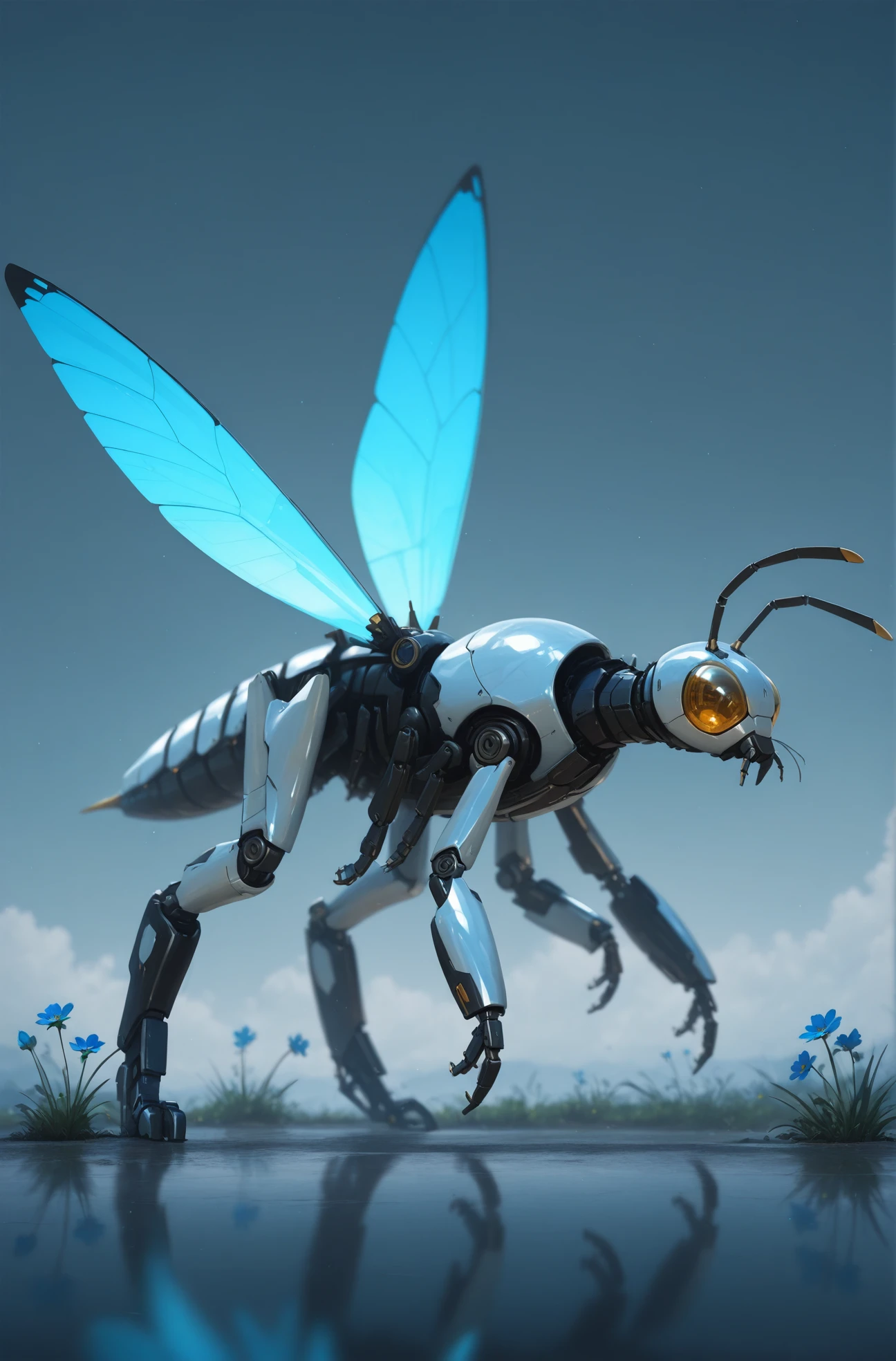 masterpiece, best quality, 2.5D, realistic 
 <lora:Animal Mecha [IL]:1> animalmecha, no humans, mecha, non-humanoid robot, shiny surface, insect, flowers