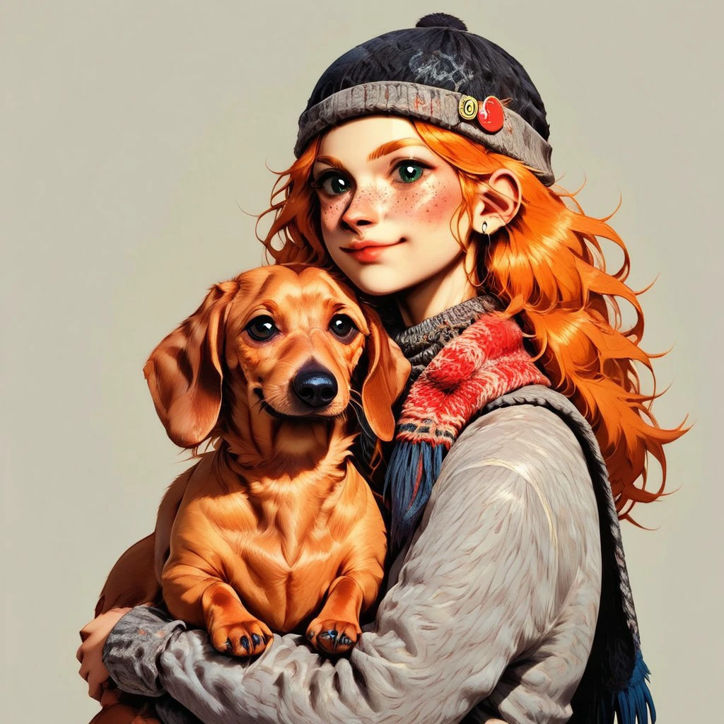 score_9, score_8_up, score_7_up, animal Focus, no humans, solo, Dachshund-PonyV1, Dachshund, dog, small dog, animal, black fur, scarf, hat, BREAK 1girl, ginger, freckless, pale, pale skin, ornage hair, long hair, hugging dog, hugging Dachshund, p3tl0v3