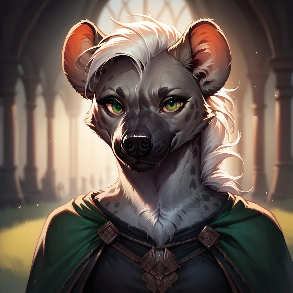 (((detailed, beautiful, high quality))), score_9, score_8_up, score_7_up, 
(depth of field, dynamic lighting),
gnoll, furry hyena,
1 girl, grey fur, green eyes, black top, medieval top, long white hair,
looking at the viewer, posing, 
blurred background, fantasy background, shroud background,