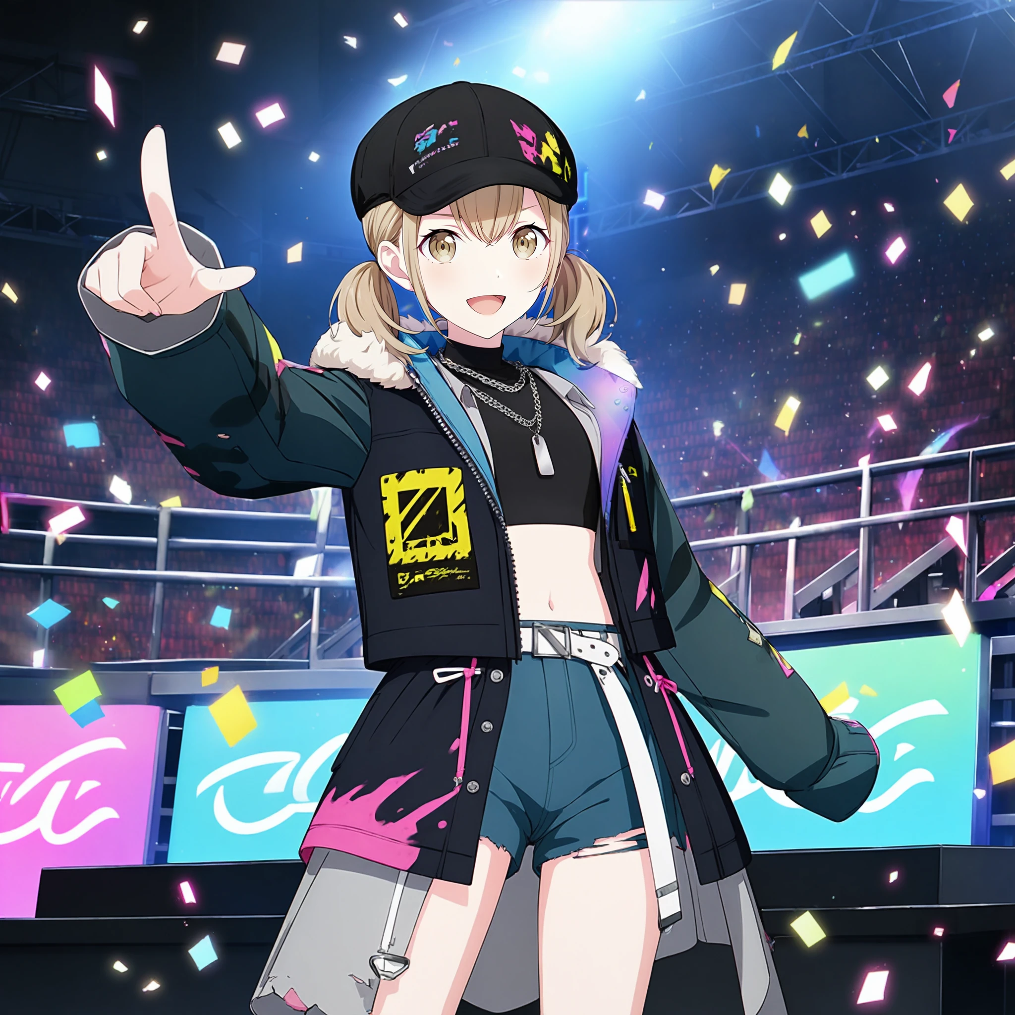 1girl, azusawa kohane, project sekai, masterpiece, very aesthetic, absurdres, official art,
rookie survivor, solo, low twintails, blonde short hair, beige eyes,
(looking viewer:1.4), :D, pointing at viewer, cowboy shot, BREAK
blue shorts, crop top, jewelry, black turtleneck, black cap, white belt, chain necklace, open clothes, black coat, midriff, open coat, sleeves past wrists, zipper, fur trim, dog tags, open jacket, navel, paint splatter, multicolored clothes, zipper pull tab, belt buckle, torn clothes around waist, 
idol stage, stage light, neon light, confetti-flurry, psyllium, auditorium is filled with spectator,
<lora:sdxl-vbs-RookieSurvivor03:0.8:lbw=0,0,0.2,0.2,0,0.4,0.4,0,0.8,0.8,0,0,0,0.8,0.8,0.6,0.8,0.0,0.0,0.0,0,0,0,0,0,0>