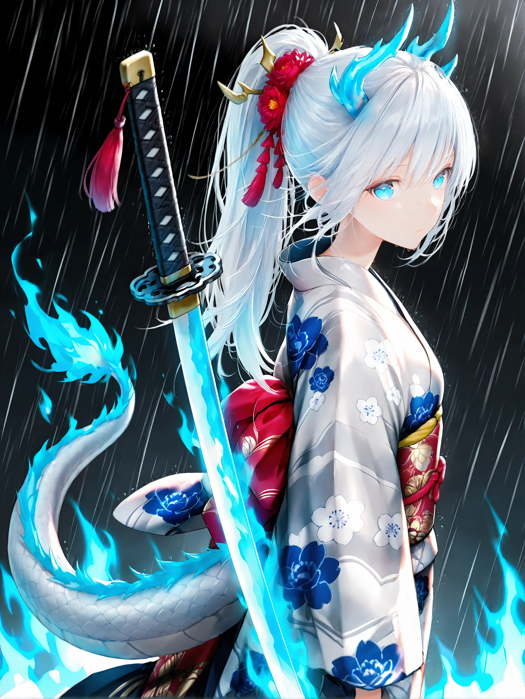 masterpiece,best quality,1girl,solo,absurdres,
1girl, weapon, sword, blue eyes, solo, horns, japanese clothes, kimono, tail, katana, ponytail, white hair, looking at viewer, rain, bangs, hair ornament, glowing, sash, dragon girl, long sleeves, floral print, dragon tail, closed mouth, obi, blue fire, long hair, dragon horns, wide sleeves
upper body,<lora:jizell-illV1-000018:1>,