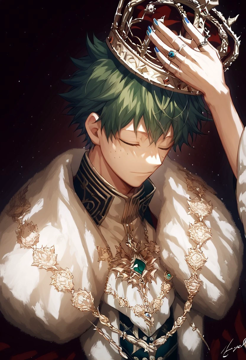 score_9, score_8_up, source_anime, highly detailed, highly detailed eyes,Solo, solo focus, crown, blue nails, upper body, solo, male focus, closed eyes, ring,deku,green hair,green eyes,short hair,freckles