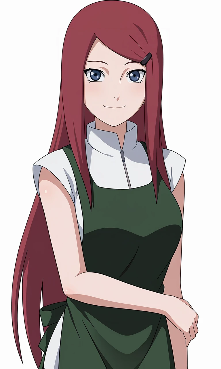 breasts,
standing,
kushinauzumaki,1girl,looking at viewer, long hair, hairclip, blue eyes, 
green apron,white shirt,collar,
slight smile,closed mouth,
white background,simple background,
<lora:Naruto_KushinaUzumaki_v4_PXL-000017:1>