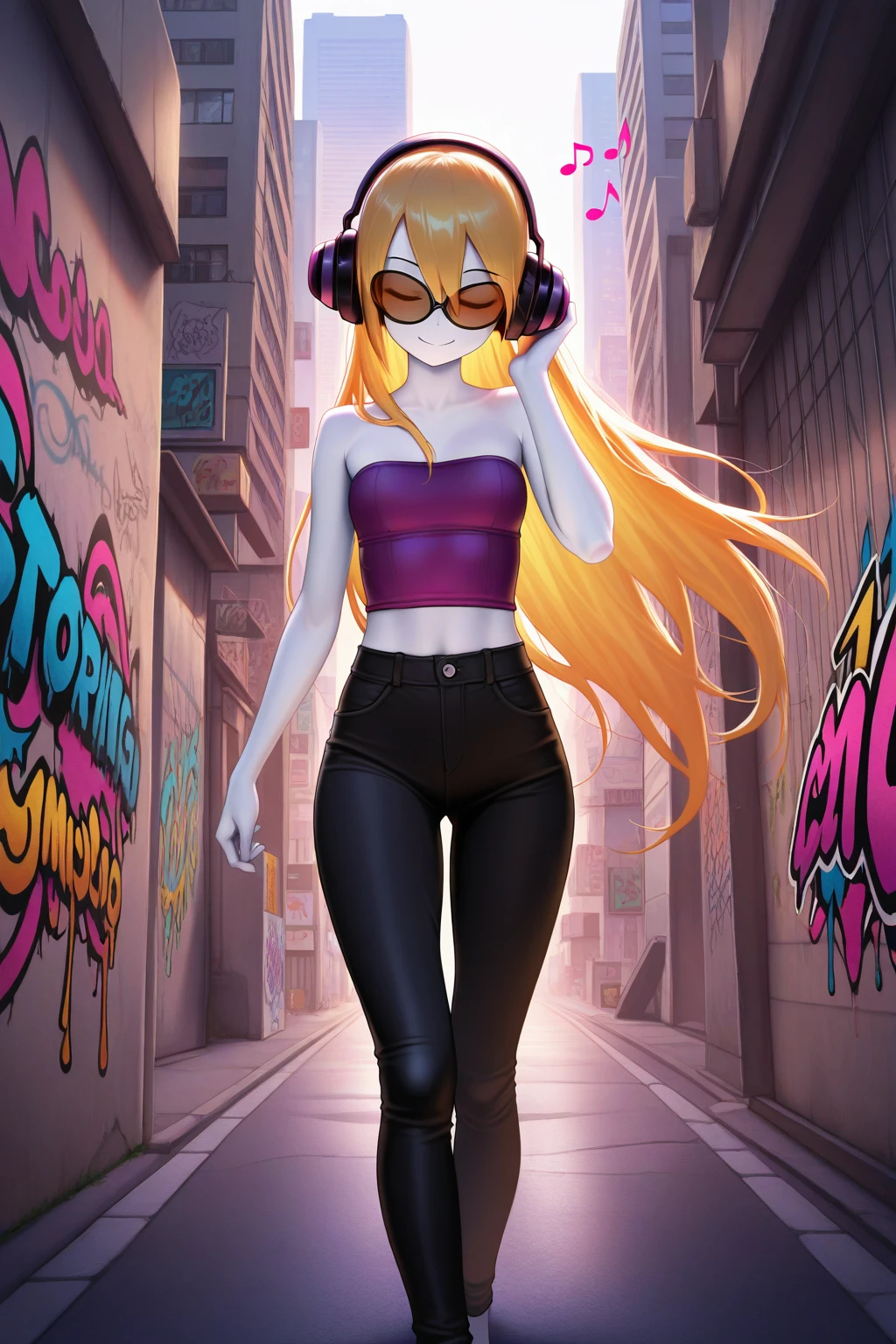 masterpiece, best quality, amazing quality, absurdres, solo, mcadore, smile, closed eyes, walking, listening to music, musical note, long blonde hair, orange sunglasses, purple headphones, white skin, purple crop top, strapless, sleeveless, black pants, outdoors, city, modern, graffiti