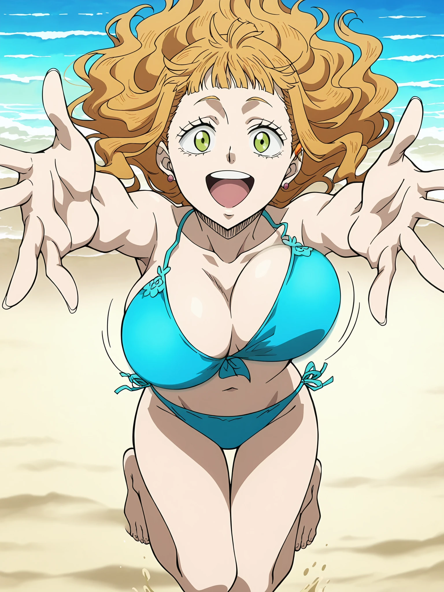 masterpiece, best quality, detailed background, anime screencap, Black Clover anime style, 
at the beach, sand, ocean,
 <lora:Mimosa_Vermillion_Black_Clover_-_Illustrious:.8>1girl, solo, long hair, wavy hair, blunt bangs, green eyes, large breasts, earnings, jewelry, sculpted body, perfect fingers and toes, detailed fingers and toes,
blue two piece bikini swimsuit, cleavage, midriff, happy girl, big smile, mouth open, teeth, looking at the viewer, girl close to viewer, girl jumping toward the viewer, girl jumping into the viewer's arms, girl fully up in the air, both of girl's feet not touching the ground, :D, mouth open, teeth on top tow only,
<lora:bouncing-breasts-ponyxl-lora-nochekaiser:1>, bouncing breasts, unaligned breasts, motion blur, motion lines,
 <lora:Incoming_Hug_Pony:.7>incoming hug