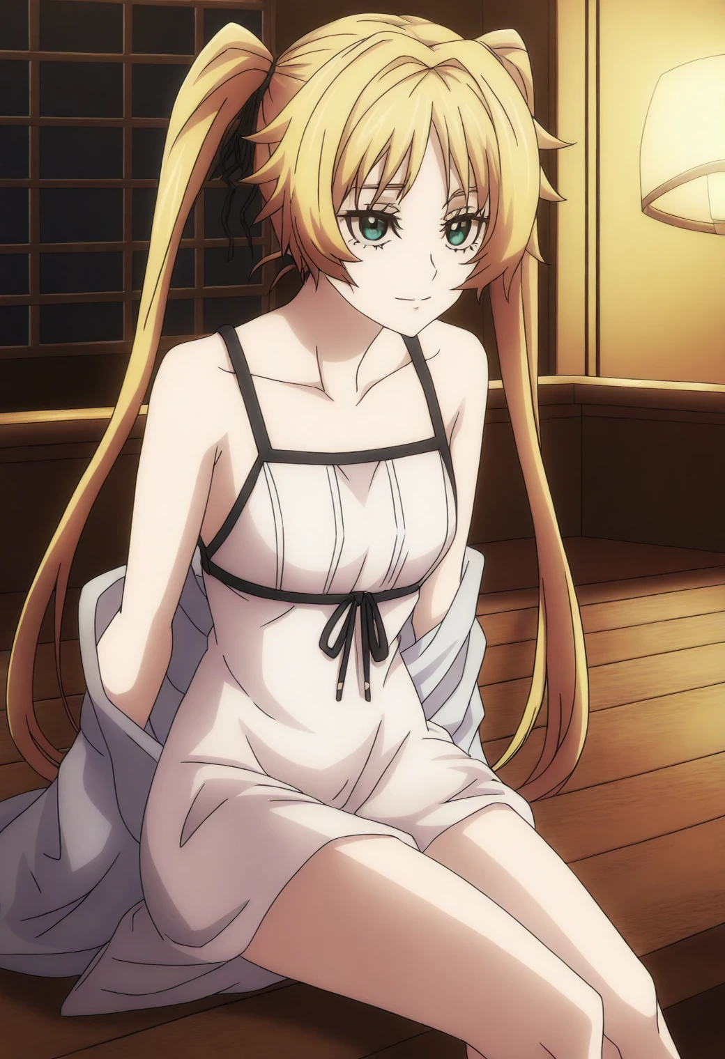 <lora:Angelica Diarmuit - [Shinmai Ossan Boukensha] - illustriousXL v1:1>, sysdeep_angelica, solo, twintails, Boutique hotel balcony, silk robe, sitting on lounge chair, soft morning light