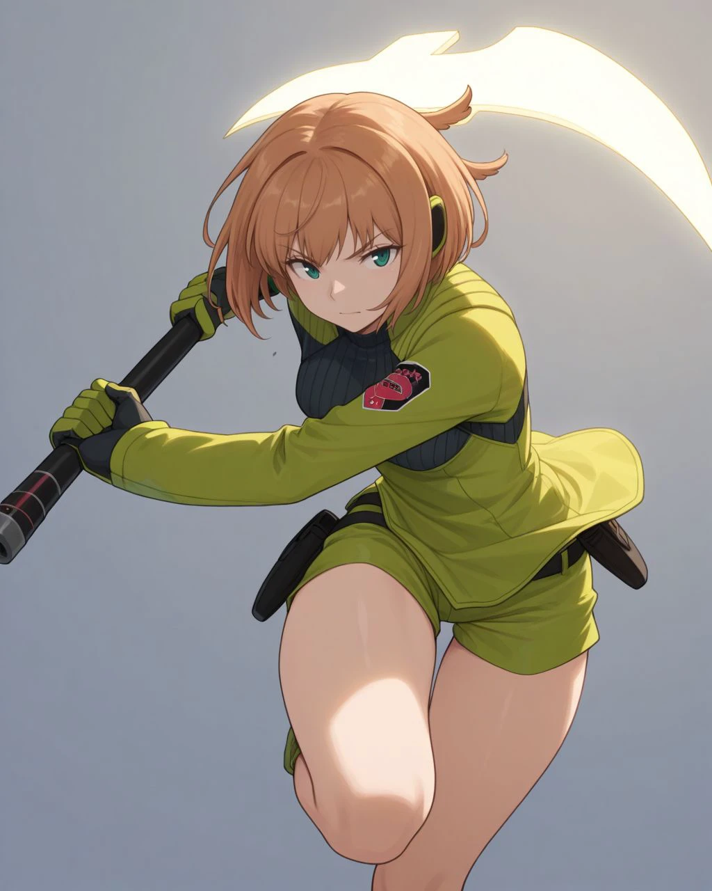 masterpiece, 1girl, solo, konami,green jacket, gloves, green shorts, <lora:konami_trion_illustrious_v2-000006:1>
dynamic pose, battle, holding axe, close-up,