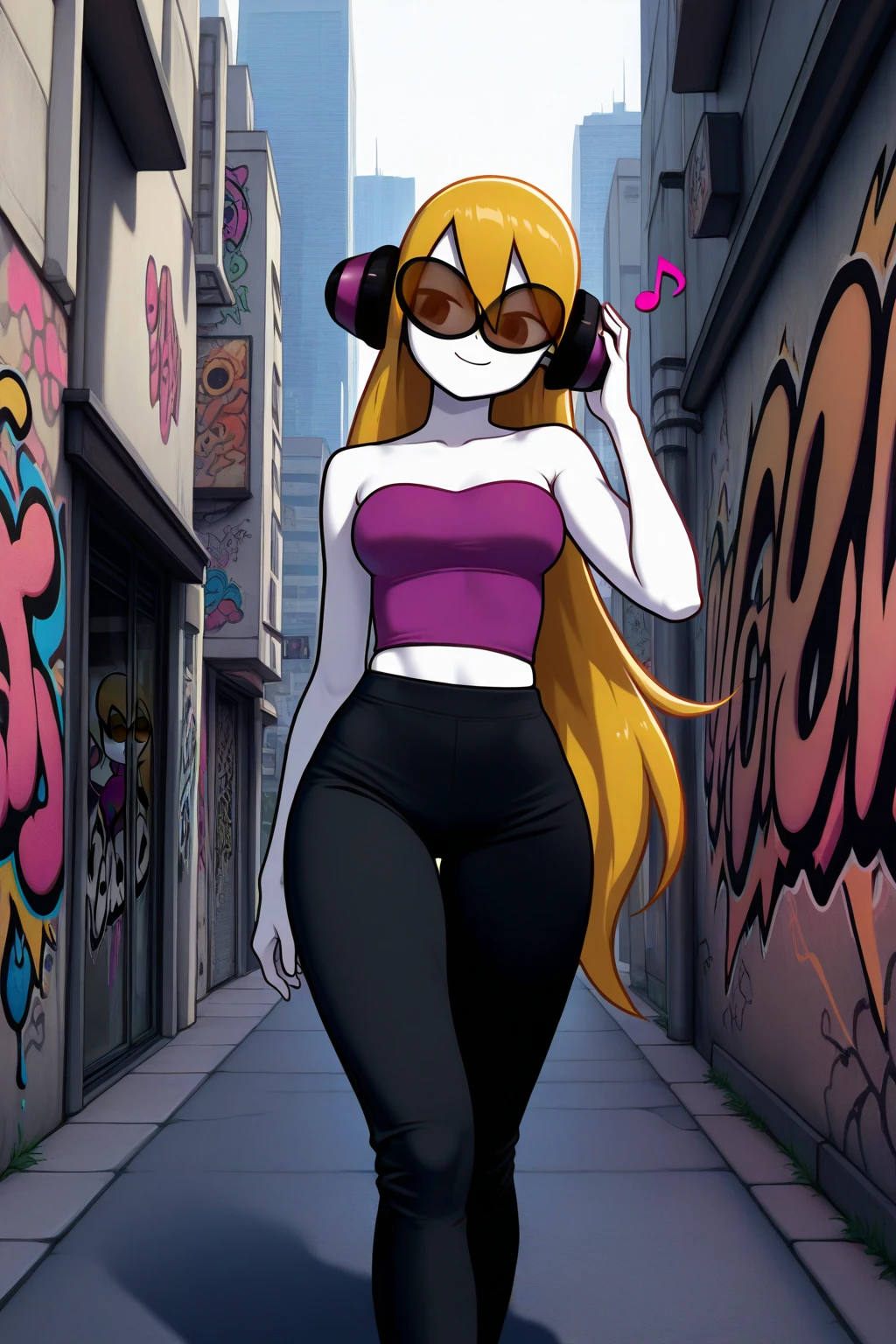 masterpiece, best quality, amazing quality, absurdres, solo, mcadore, smile, closed eyes, walking, listening to music, musical note, long blonde hair, orange sunglasses, purple headphones, white skin, purple crop top, strapless, sleeveless, black pants, outdoors, city, modern, graffiti