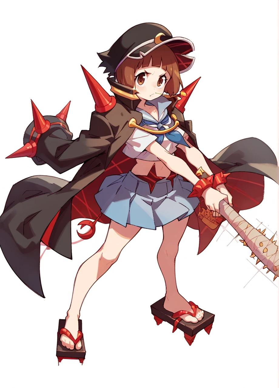 <lora:KLK_Mako-PONY:0.8> 1girl, solo, holding weapon, baseball bat, full body, white background, mankanshoku mako, bob cut, high collar, brown eyes, serafuku, skirt, jacket on shoulders, crescent hat ornament, spiked bracelet, geta sandals, klkmakofcu, score_8_up, score_7_up, score_6_up, score_5_up, score_4_up,