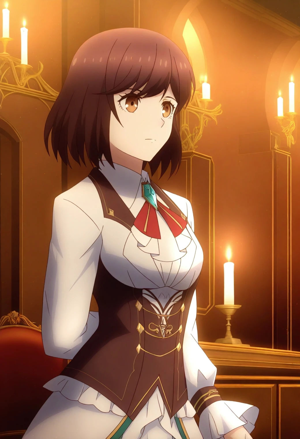 <lora:Rae Taylor - [Watashi no Oshi wa Akuyaku Reijou] - illustriousXL v1:1>, sysdeep_rae, brown hair, brown eyes, short hair, solo velvet corset, gothic room, surrounded by candles, mysterious ambiance, style parody