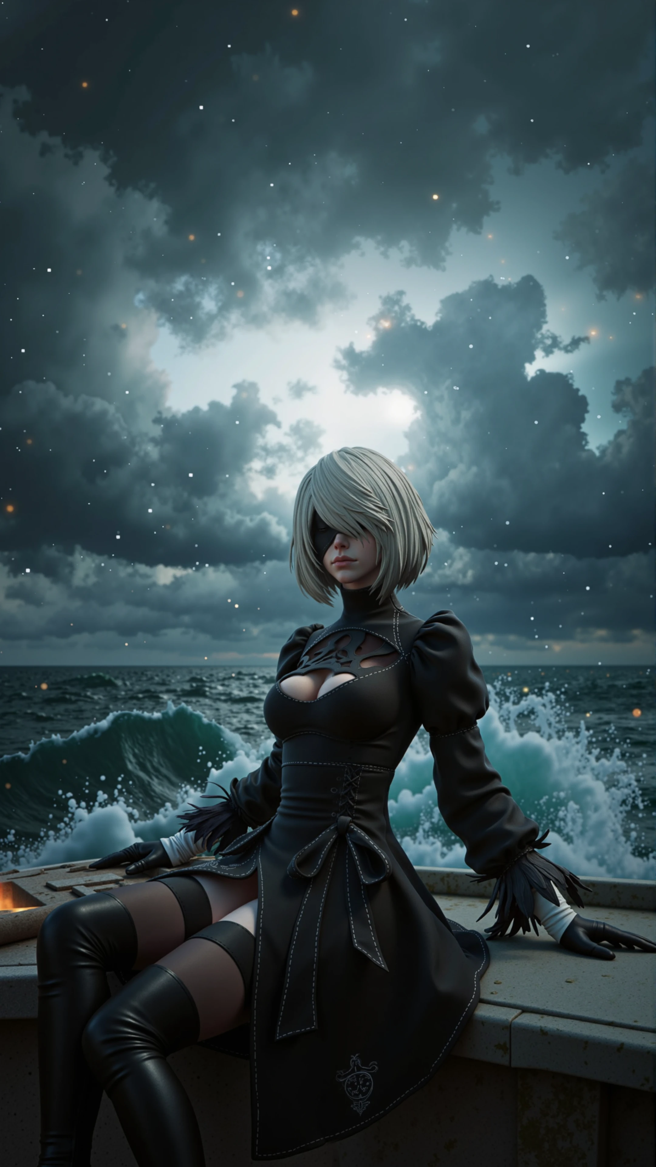 Envision 2B on a boat at midnight.
She is sailing in the middle of the ocean during a raging hurricane.
It's raining heavily and the sky is black, heavy clouds are barely lit by a thunderstorm.
The framing is cinematic, the depth of field shallow and the lighting dramatic., <lora:Flux:1.0>