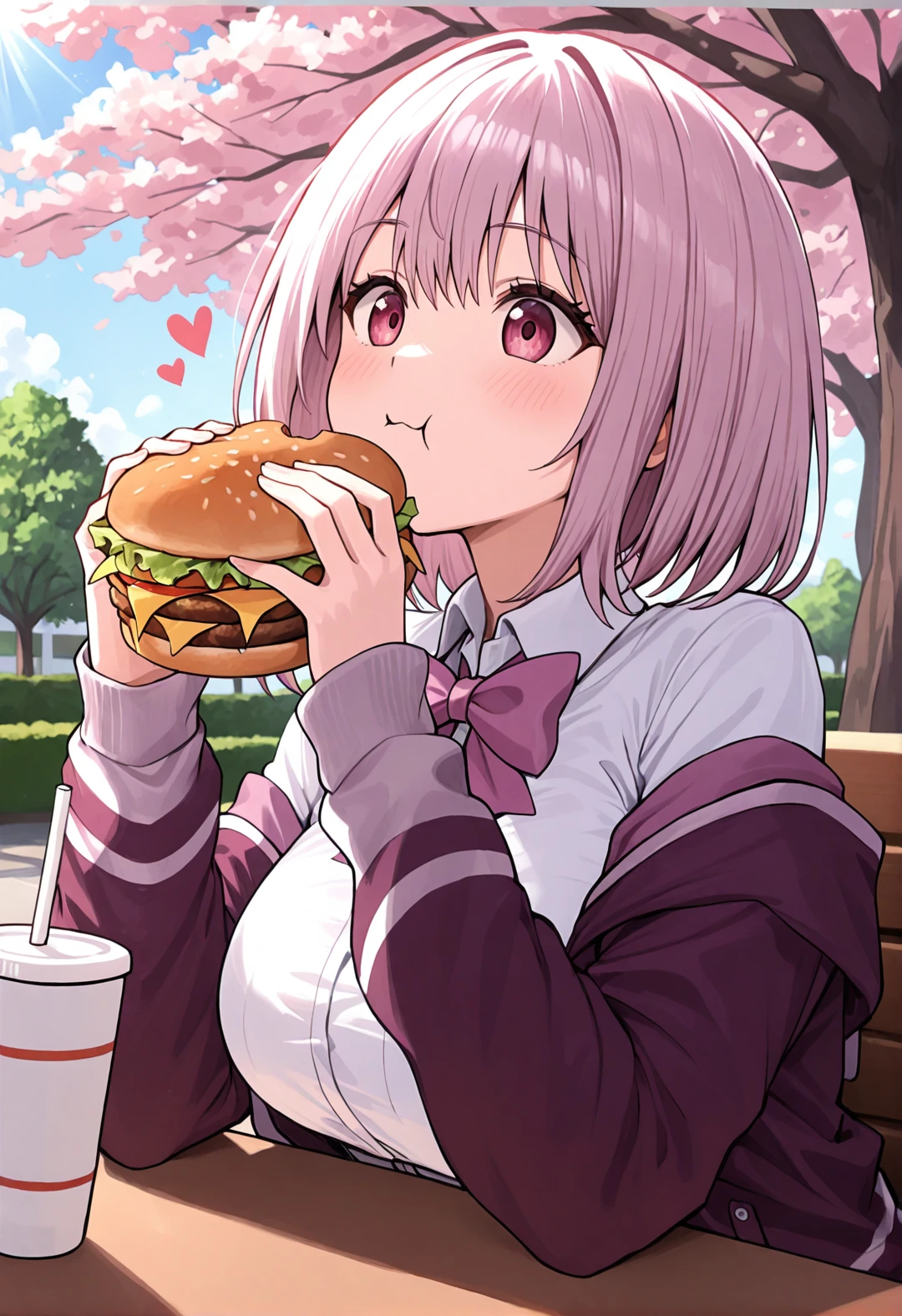 masterpiece, best quality, newest, absurdres, highres, akane shinjo, unique outfit, cute, portrait, long sleeves, sitting, eating a burger, face only, park, sakura tree, restaurant, sun set, hearts,
 <lora:Akane_Shinjo_IL:0.8>