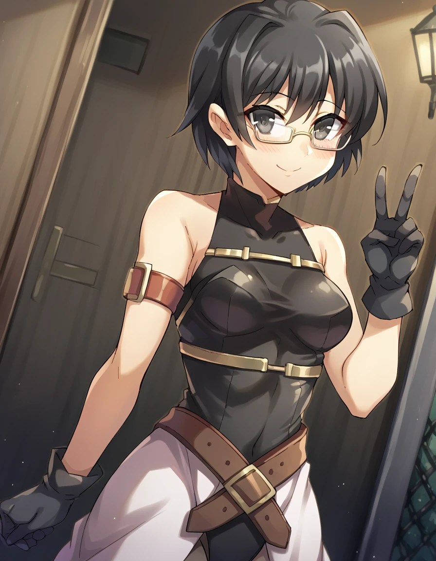 score_9, score_8_up, score_7_up, source_anime, <lora:shizune-hakamichi-ingame-ponyxl-lora-nochekaiser:1>, shizune hakamichi, short hair, black hair, glasses, black eyes, medium breasts,, <lora:fate-testarossa-cosplay-ponyxl-lora-nochekaiser:1>, fate testarossa cosplay, fate testarossa (cosplay), arm belt, bare shoulders, black gloves, black leotard, cosplay, gloves, leotard, leotard peek, magical girl, no cape, showgirl skirt,, streets, smile, blush, v,, cowboy shot, looking at viewer,, , dutch angle, cowboy shot