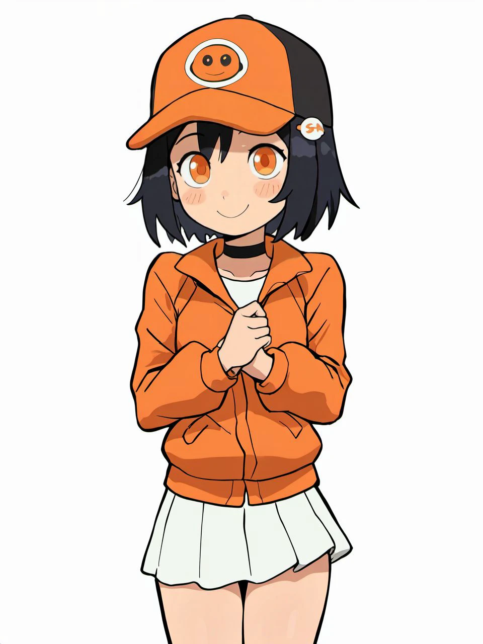 masterpiece, best quality, amazing quality, very aesthetic, high resolution,
gns1s1r, 1girl, solo, black hair, big orange eyes, blush, solo, smile, looking at viewer, cowboy shot, orange jacket, shirt, black choker, baseball cap,  headwear, skirt, orange-themed hair ornament, white background,
<lora:gnsisir_style_v2_epoch_7:0.9>,