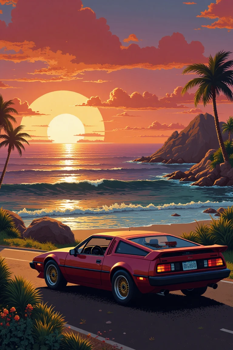 pixel art, photoshoot near the ocean at sunset near a 90s car