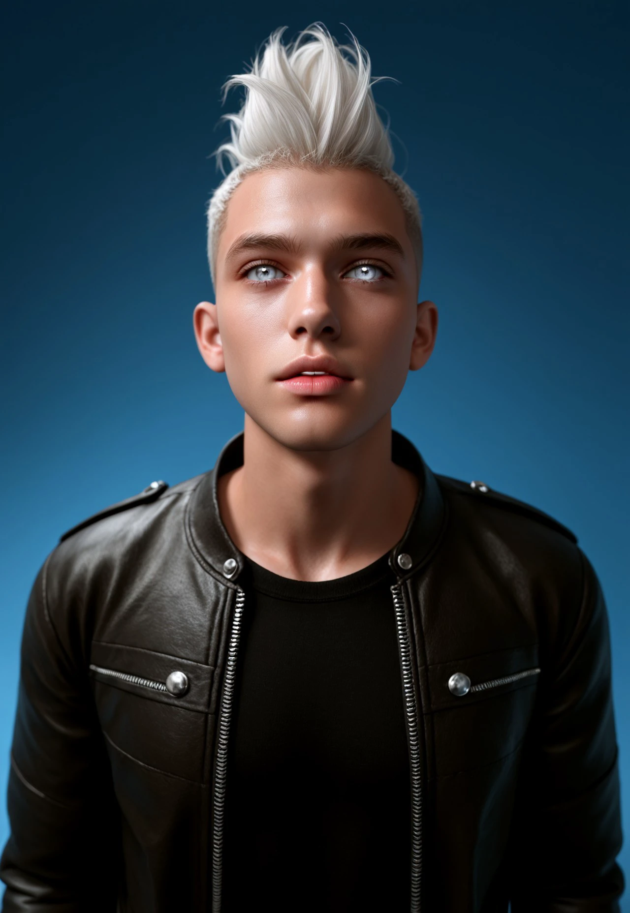 score_9, score_8_up, score_7_up, score_6_up, score_5_up, score_4_up BREAK Vdiff1_dskfll, solo, white hair, jacket, mohawk, blue background, black shirt, white eyes, male focus, shirt, realistic, gradient background, upper body, parted lips, lips, grey eyes, 1boy, gradient, open jacket, open clothes, nose, 1boy, male focus, short hair, looking to the side, leather jacket