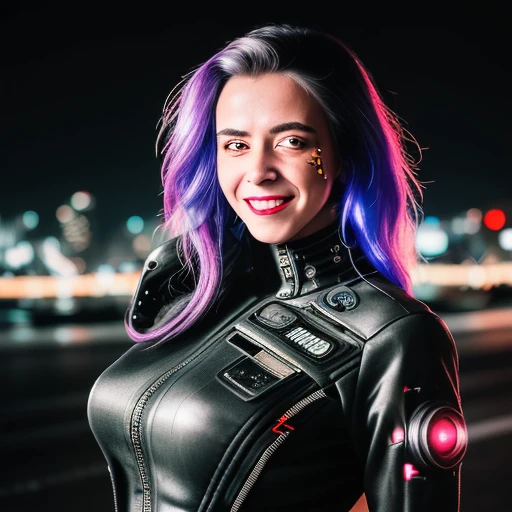 RAW photo, a portrait photo of woman smiling wearing cyberpunk clothes, nighttime, city street background, (high detailed skin:1.2), 8k uhd, dslr, soft lighting, high quality, film grain, Fujifilm XT3