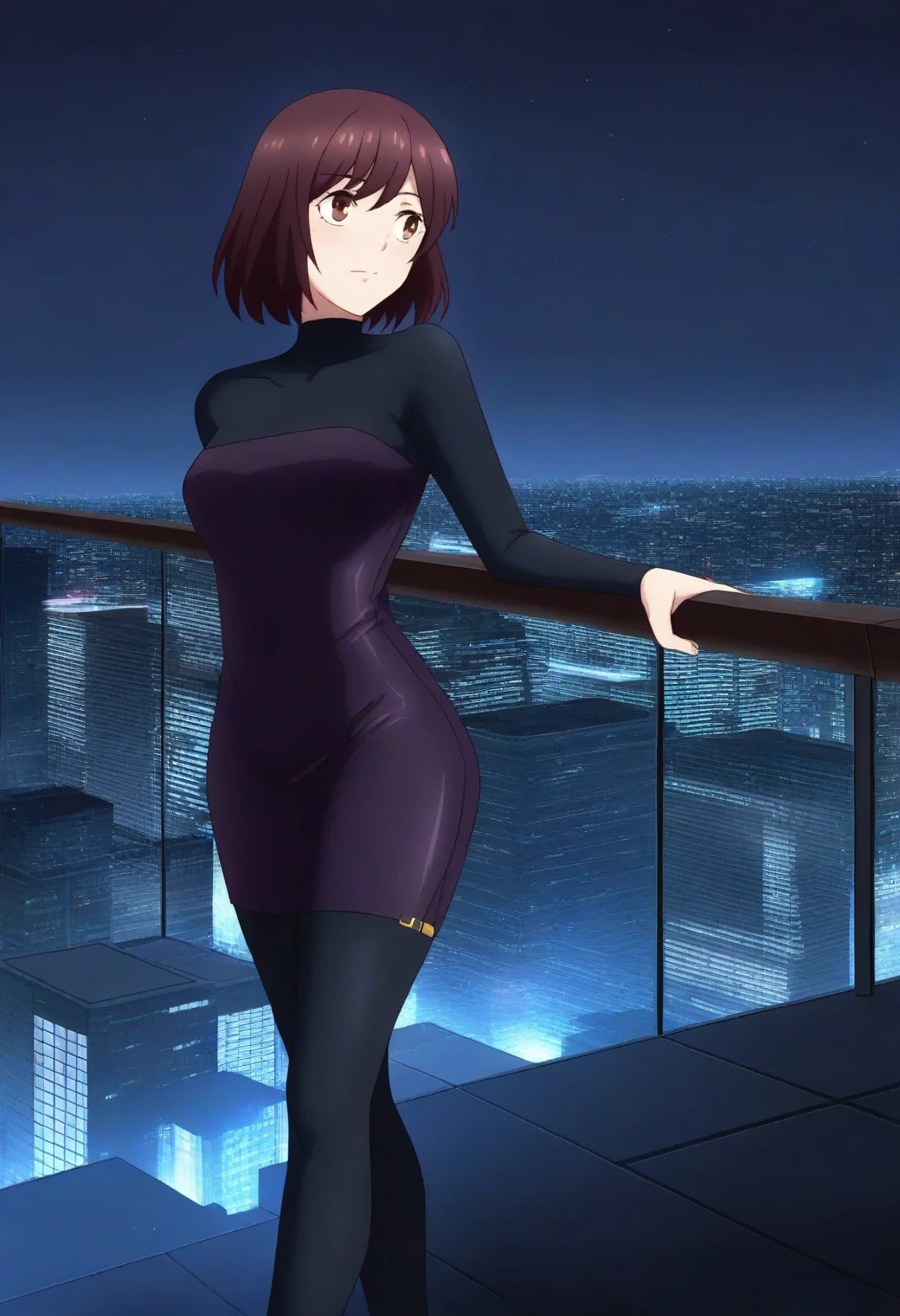 <lora:Rae Taylor - [Watashi no Oshi wa Akuyaku Reijou] - illustriousXL v1:1>, sysdeep_rae, brown hair, brown eyes, short hair, solo City rooftop, bodycon dress, leaning against railing, night skyline, style parody