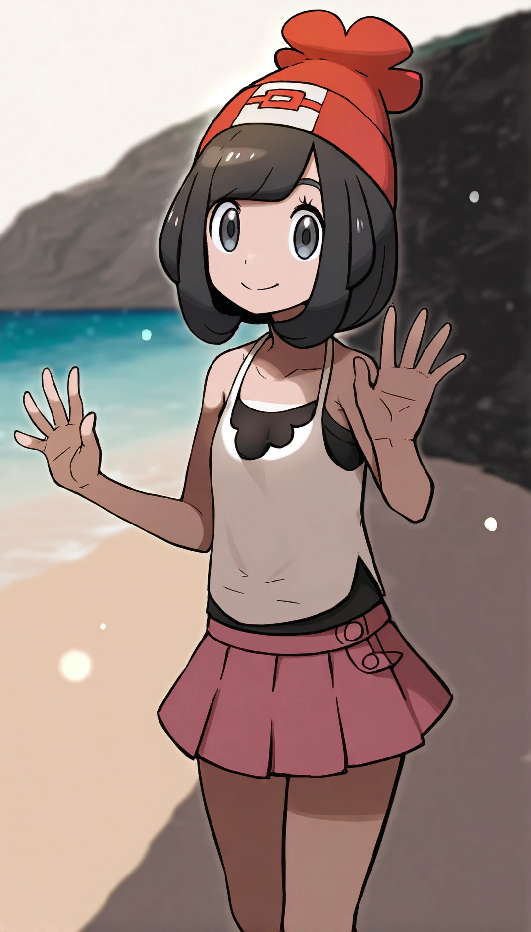 masterpiece,best quality,amazing quality,
<lora:seleneIL:1>,
eneles,
1girl,solo,
black hair,short hair,bangs,grey eyes,
grey eyes,looking at viewer,
red beanie,white camisole with black undershirt,pink pleated skirt,
waving hand,
blurry background,vignetting,outdoors,beach,days,light particles,