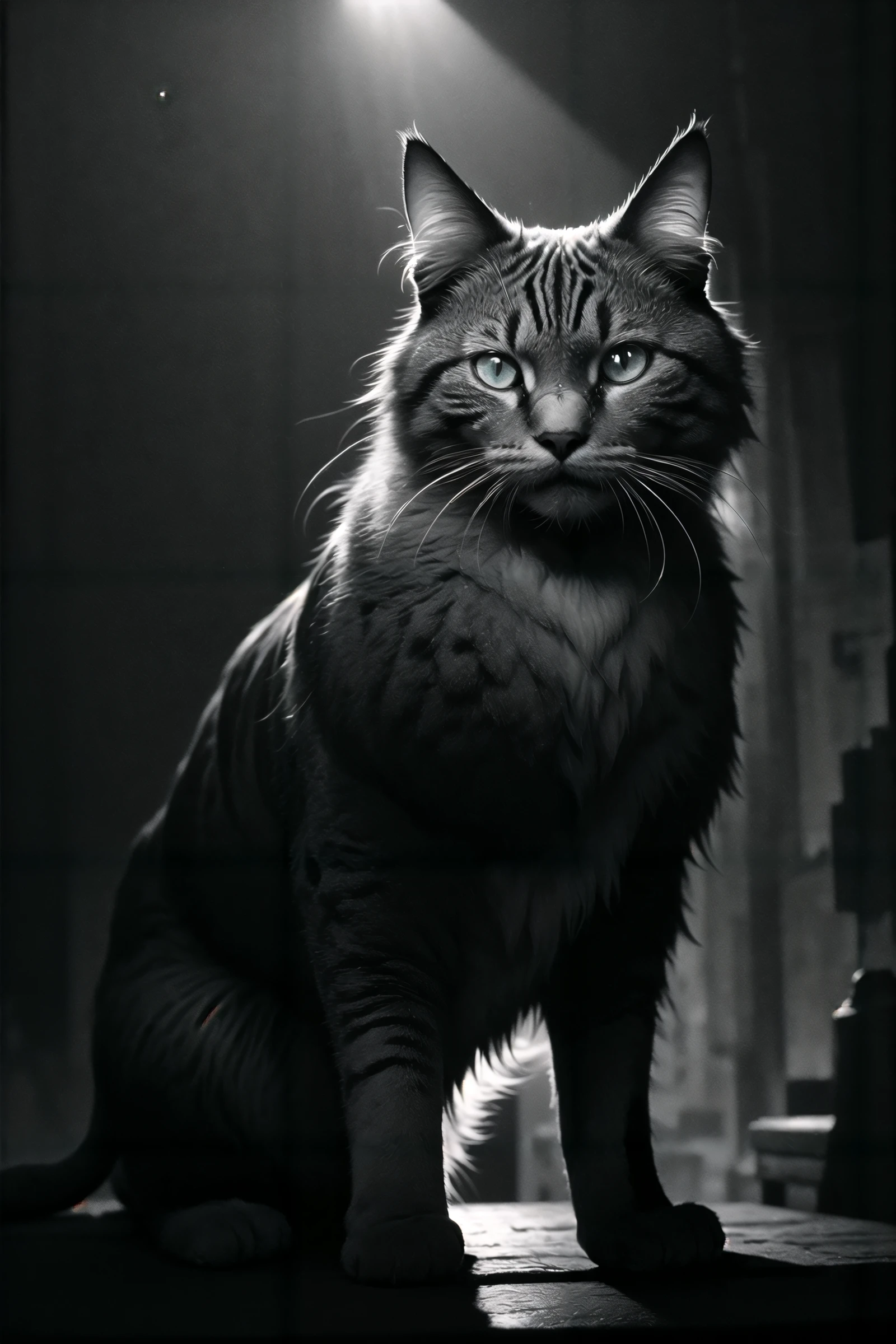 (masterpiece),(best quality),(extremely intricate),(sharp focus),(cinematic lighting),(extremely detailed), (digital art),,digital art by Roman Vishniac and Michal Lisowski, solo, simple_background, monochrome, greyscale, from_side, no_humans, animal, cat, black_background, realistic, animal_focus, whiskers, photorealistic, extremely stylish, beautiful detailed, highly detailed, dynamic dramatic beautiful full taking, dynamic cinematic perfect background, imposing, Photojournalism, Jewish life in Eastern Europe, fantasy art, dark and eerie, detailed, imaginative,pg-13,