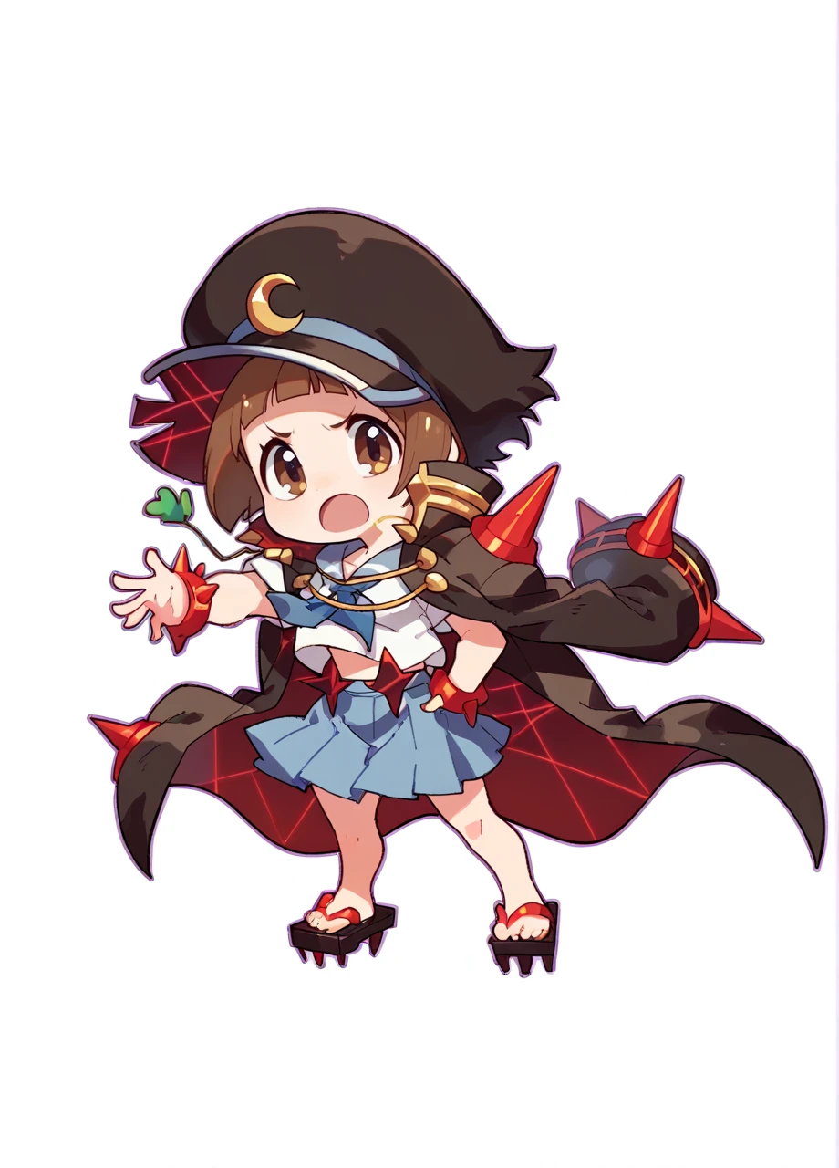 <lora:KLK_Mako-PONY:0.8> 1girl, solo, chibi, full body, white background, mankanshoku mako, bob cut, high collar, brown eyes, serafuku, skirt, jacket on shoulders, crescent hat ornament, spiked bracelet, geta sandals, klkmakofcu, score_8_up, score_7_up, score_6_up, score_5_up, score_4_up,