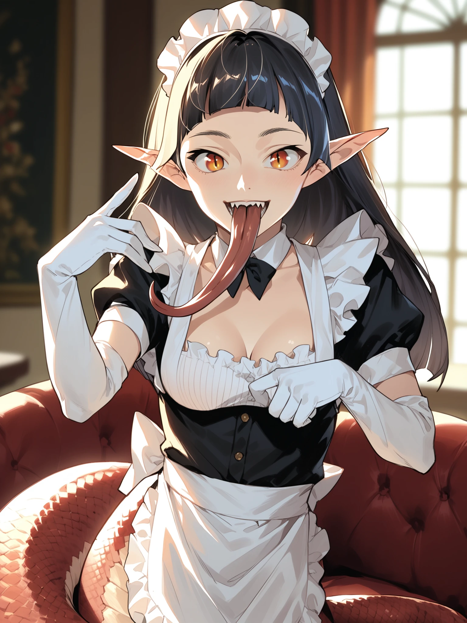 <lora:happy_tentacle-mizosara-v0.4-000011:1>, ht_mizosara, lamia, medium breasts, slit pupils, (long tongue, forked tongue:1.1) , crazy smile, indoors, furniture, maid, apron, white gloves, elbow gloves cowboy shot, 1girl, (petite:1.2), solo focus, (looking at viewer:1.1), , (depth of field:0.8), , [(realistic, photorealistic:1.1):(realistic:1.3):24], [(3d:1.2)::10], <lora:LUUNA's Lunas-NijiJourney-SDXL-B2:0.5>, nijijourney, <lora:prgfrg23's Counterfeit-V3.0 Style SDXL_LoRA_Pony Diffusion V6 XL:0.3> <lora:Shed_The_Skin's StS_age_slider_v1_initial_release:-1.2>, score_9, score_8_up, score_7_up, score_6_up, score_5_up, score_4_up