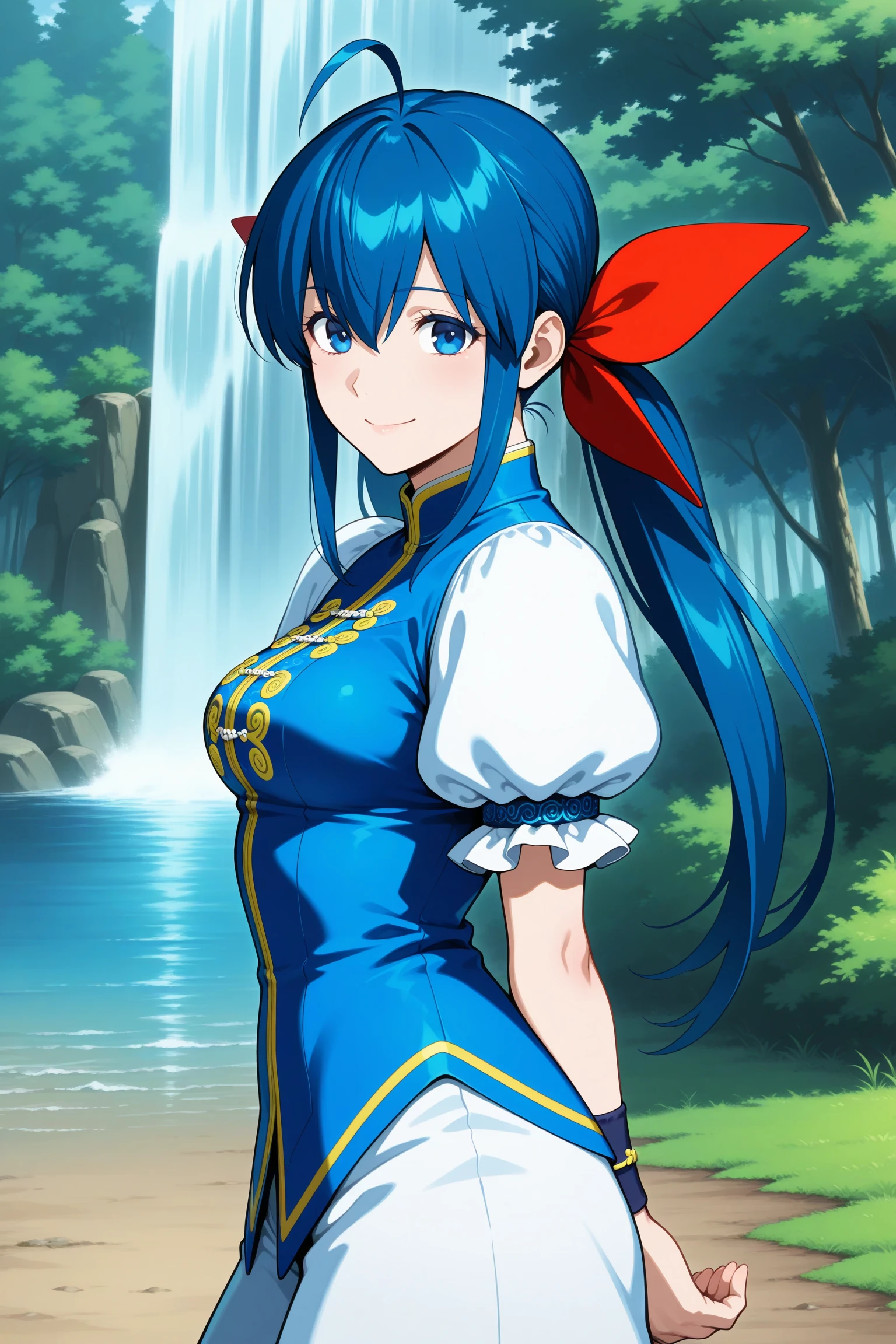 masterpiece, best quality, amazing quality, highres, absurdres, very aesthetic, high resolution, ultra detailed, perfect details, 1girl, outdoors, forest, waterfall, medium breasts, futaba hotaru, long hair, blue hair, twintails, hair bow, hair between eyes, sidelocks, ahoge, chinese clothes, puffy short sleeves, wristband, baggy pants, flats, <lora:Hotaru_Futaba_ILXL:0.8>, (aged up:1.4), (portrait:1.8), looking at viewer, anime screencap, anime coloring, smile