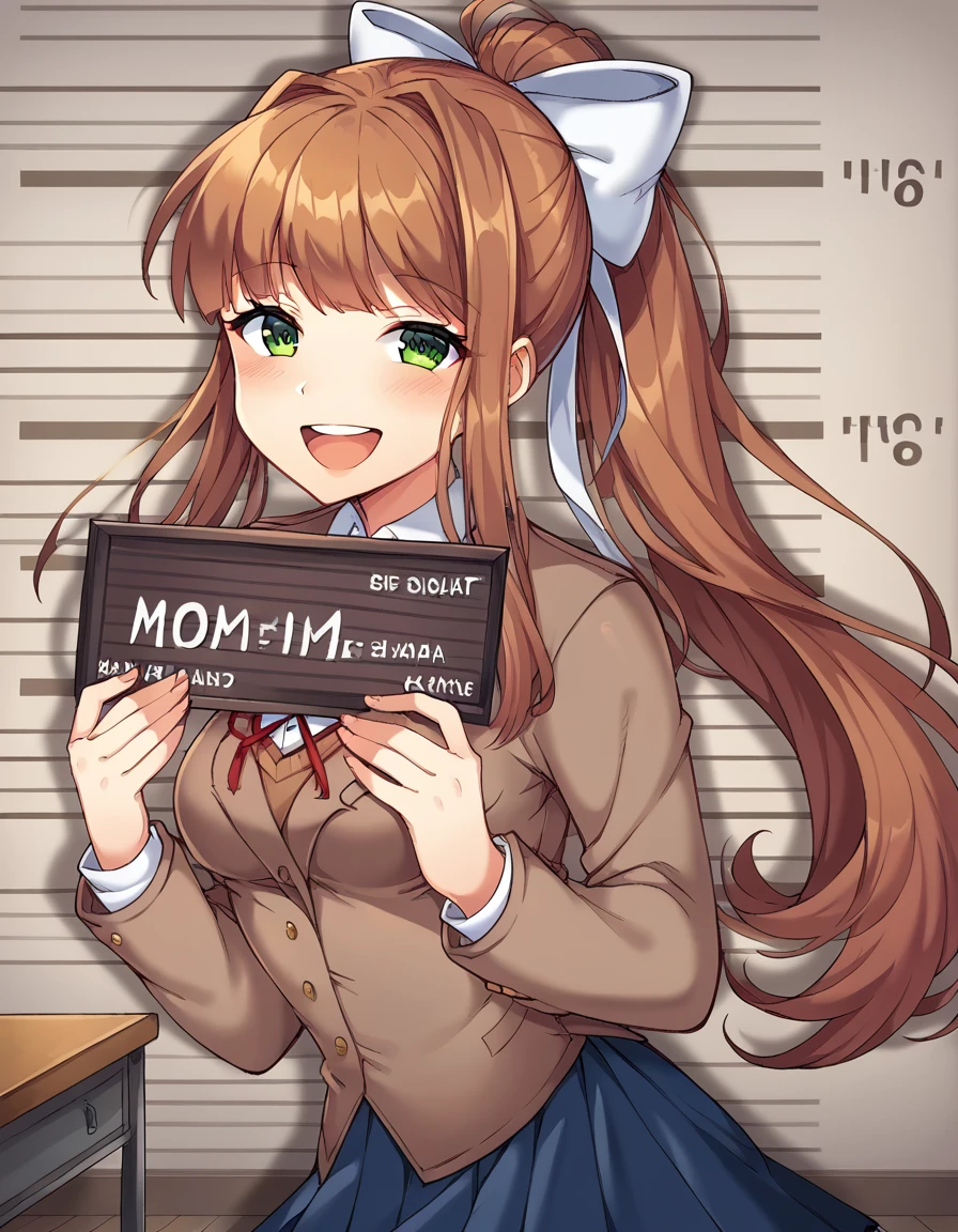 score_9, score_8_up, score_7_up, source_anime, <lora:ddlc-monika-ingame-ponyxl-lora-nochekaiser:1>, monika, blunt bangs, brown hair, green eyes, long hair, ponytail, ribbon, white ribbon, hair ribbon, sidelocks, medium breasts,, black thighhighs, blue skirt, brown jacket, jacket, long sleeves, over-kneehighs, pleated skirt, school uniform, skirt, thighhighs, zettai ryouiki,, dining room, table, chairs, dishes, cutlery, , <lora:ken-mugshot-ponyxl-lora-nochekaiser:1> barbie mugshot, barbie mugshot (meme) height mark, holding sign, nameplate, height chart, sign, meme, smile, open mouth, teeth, blush, cowboy shot, looking at viewer, solo,, dutch angle, cowboy shot