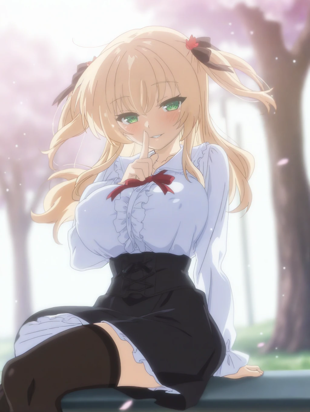 masterpiece, best quality, amazing quality, very aesthetic, absurdres, newest, scenery,  anime screencap  <lora:Real_Eroge_Situation-Torii_UI:1> to_ui, blonde hair, green eyes, long hair,(huge breasts), hair ribbon,black ribbon,shirt,meme attire,virgin killer outfit,skirt,thighhighs, (neckneck ribbon), red ribbon,   cowboy shot, seductive smile, park, cherry blossoms, sitting, backlighting, bloom, looking at viewer, light particles,  (shushing), (flower particles), wind lift, covered nipples,parted lips,