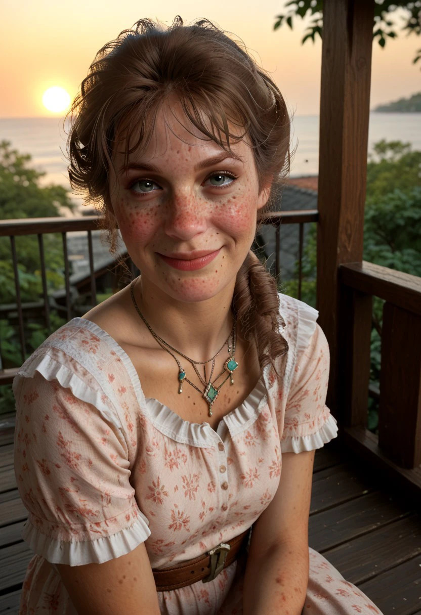 score_9, score_8_up, score_7_up Mary Beth Gaskill freckles ,sitting on a porch , clothes , sun shining on her face light smile