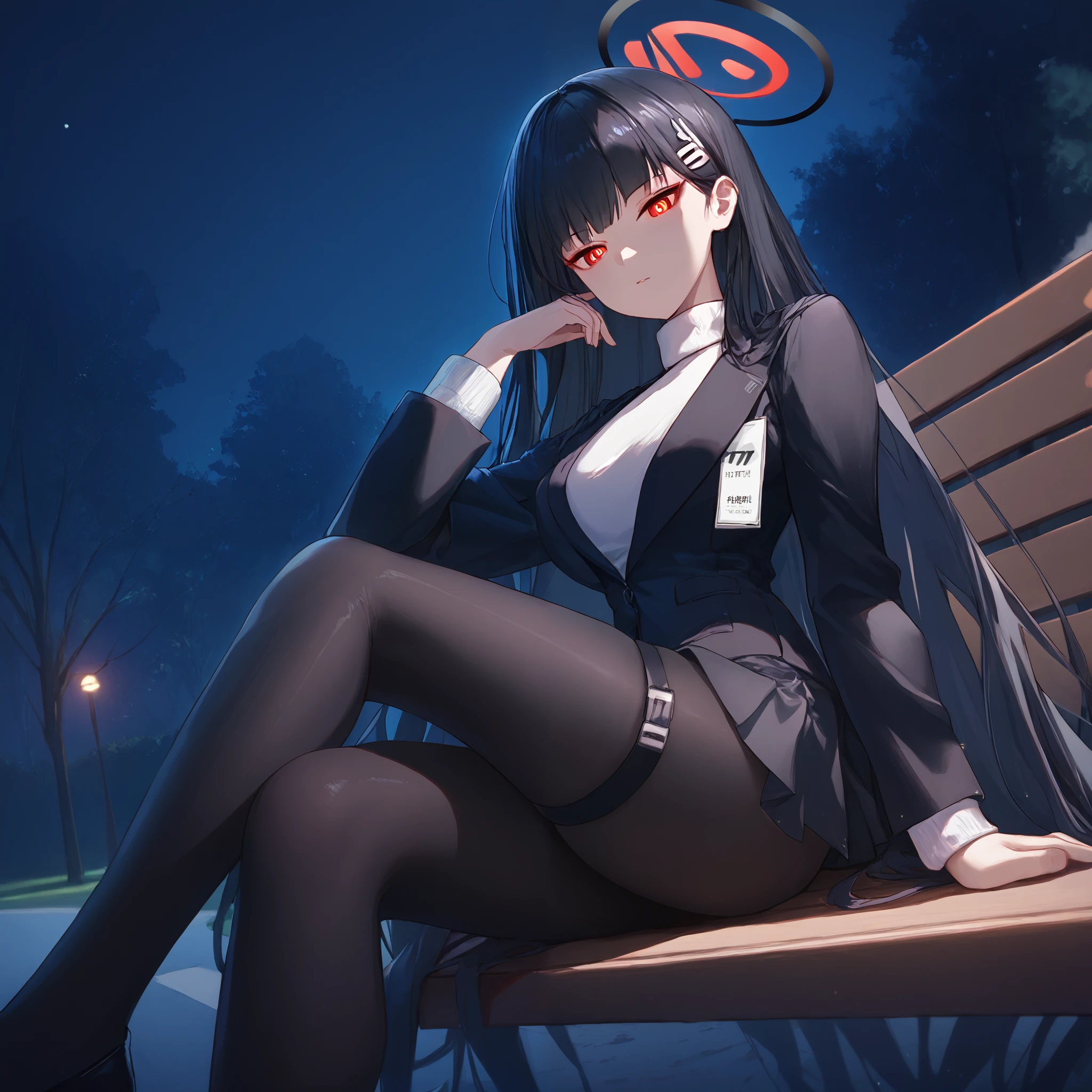 score_9, score_8_up, score_7_up, score_6_up, BREAK source_anime, look at viewer, 1girl, solo, park, night, sitting, bench, night, crossed legs, masterpiece, best quality, high detailed skin,  rio_(blue_archive), black hair, long hair, hairpin, red eyes, white pupils, halo, black jacket, white sweater, miniskirt, black skirt, black pantyhose, thigh strap,