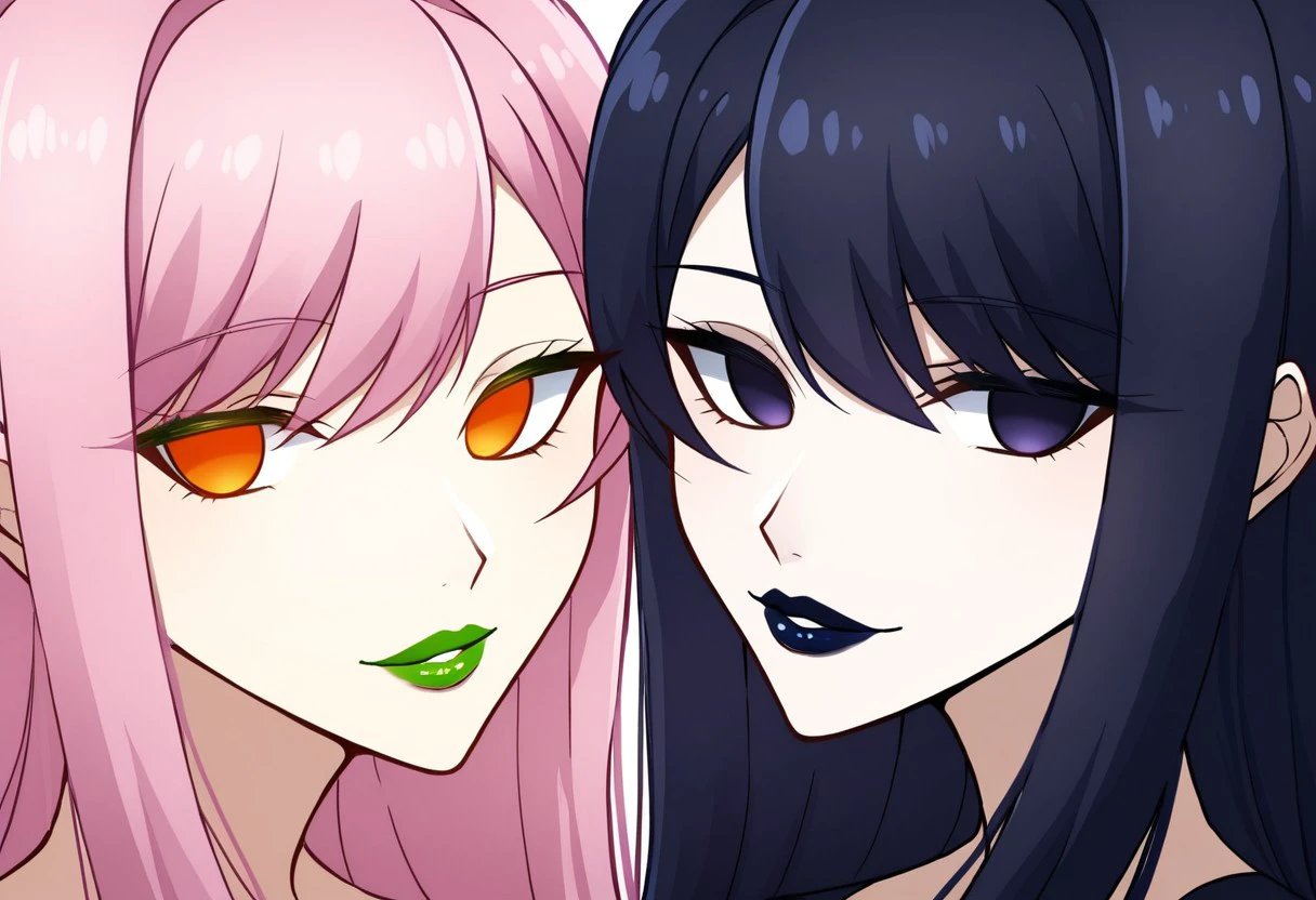 anime, empty eyes, emotionless, hypnotized, looking into eyes, staring at each other, two females, lipstick, red lipstick, yellow lipstick, green lipstick, blue lipstick, purple lipstick, black lipstick, glossy lips, shiny lips, sexy smile, adult, casual dress, long hair, white hair, black hair, green hair, red hair, yellow hair, pink hair, purple hair, blue hair, hair decoration, red eyes, orange eyes, yellow eyes, green eyes, blue eyes, purple eyes, pink eyes, black eyes, white eyes, close up
