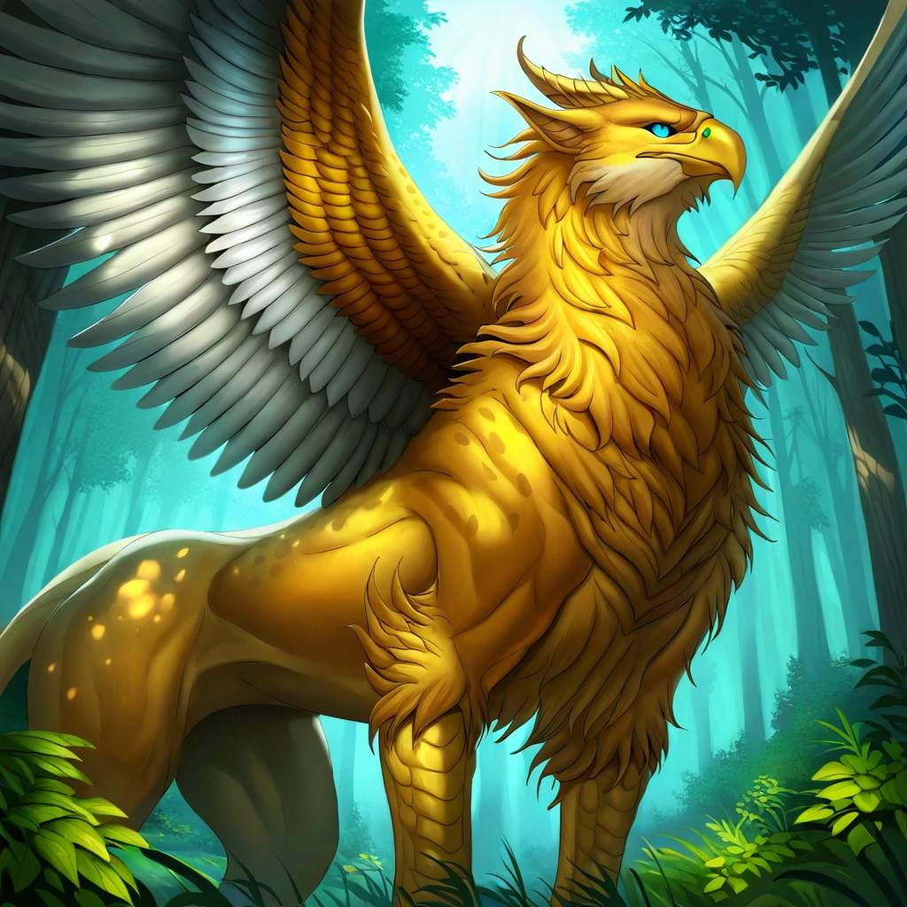 ethereal fantasy concept art of   <lora:hippogriffs, griffs - illustrious:1> hippogriffs, dark fantasy, dark art painting, hippogriff with silver feathers and chestnut fur, wings outstretched mid-takeoff, sunlit forest clearing, golden rays piercing through dense foliage, soft ambient light, dappled shadows, dynamic low-angle shot capturing motion, magical and natural environment . magnificent, celestial, ethereal, painterly, epic, majestic, magical, fantasy art, cover art, dreamy