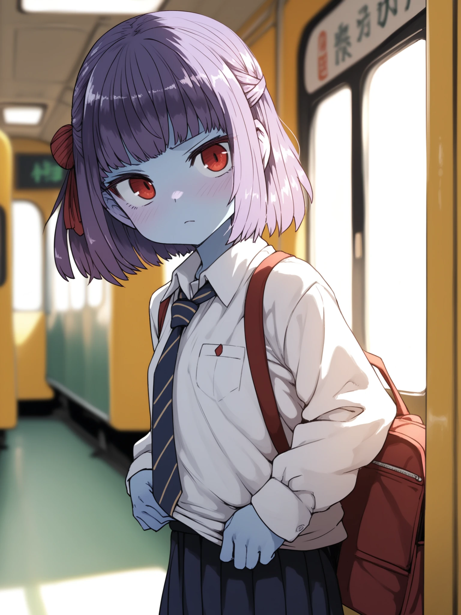 <lora:happy_tentacle-sumisifu-v0.4-000004:0.8>, ht_sumisifu, colored skin, blue skin, purple hair, red eyes, , disgusted, indoors, train cowboy shot, 1girl, (petite:1.2), solo focus, (looking away:1.1), backlighting, (depth of field:0.8), , [(realistic, photorealistic:1.3):(realistic:1.3):26], [(3d:1.2)::10], <lora:LUUNA's Lunas-NijiJourney-SDXL-B2:0.6>, nijijourney, <lora:prgfrg23's Counterfeit-V3.0 Style SDXL_LoRA_Pony Diffusion V6 XL:0.3> <lora:Shed_The_Skin's StS_age_slider_v1_initial_release:-1.2>, score_9, score_8_up, score_7_up, score_6_up, score_5_up, score_4_up