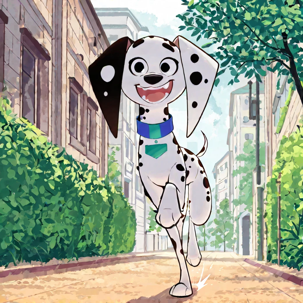 masterpiece, best quality, amazing quality, very aesthetic, high resolution, ultra-detailed, absurdres,   <lora:delilah101illustrious:1>, delilahdalmatian, solo, smile, fang, smile, running, trees, buildings,  tail, full body, :d, outdoors, teeth, black eyes, no humans, dog, animal, black and white fur, collar, spots, dalmatian, dog ears, body fur