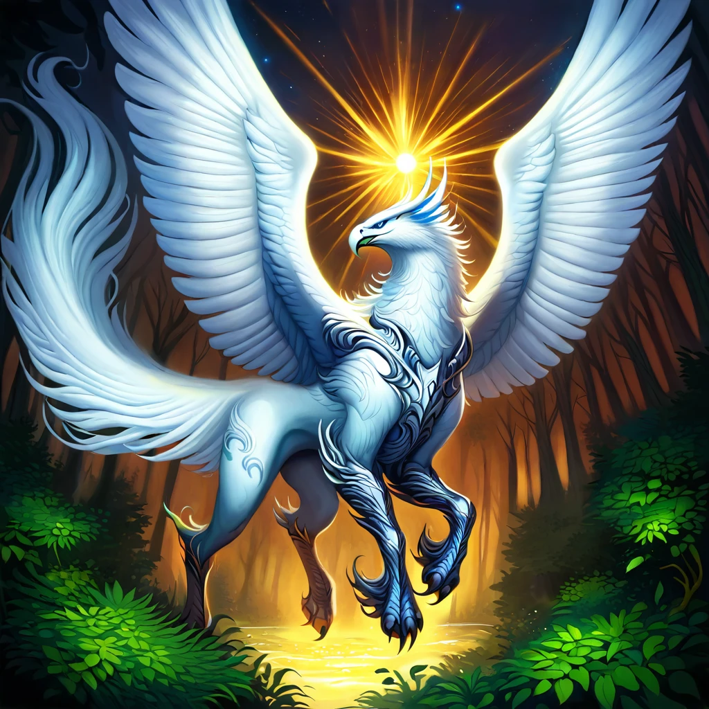 ethereal fantasy concept art of   <lora:hippogriffs, griffs - illustrious:1> hippogriffs, dark fantasy, dark art painting, hippogriff with silver feathers and chestnut fur, wings outstretched mid-takeoff, sunlit forest clearing, golden rays piercing through dense foliage, soft ambient light, dappled shadows, dynamic low-angle shot capturing motion, magical and natural environment . magnificent, celestial, ethereal, painterly, epic, majestic, magical, fantasy art, cover art, dreamy