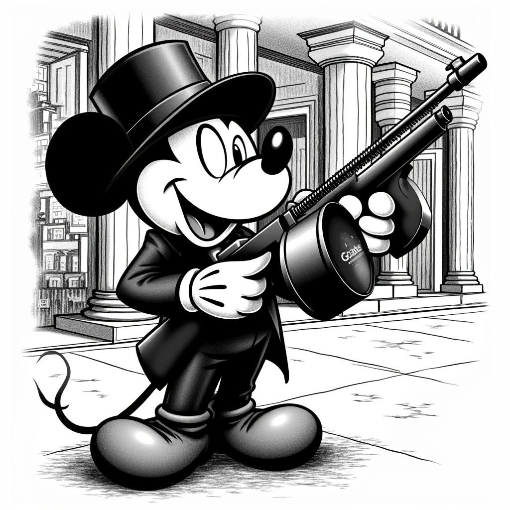 Mickey holding a tommy gun with drum magazine standing outside a bank, wearing a fedora, 1920s art deco black and white